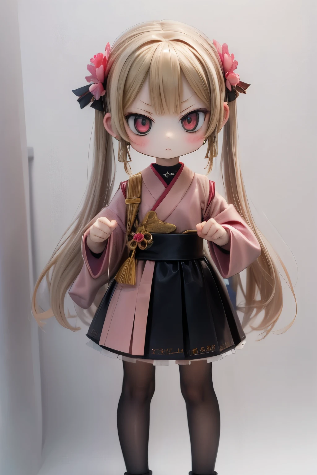 Doll standing in front of the painting, blonde, angry face, Sengai, pixiv, rococo, dolfie dream, watercolor Nendoroid, (high definition figure), flowing cherry colored silk, nendroid, highly_detailed!!, cherry blossom petals, flowing cherry blossom silk, season!!: 🌸 ☀ 🍂 ❄