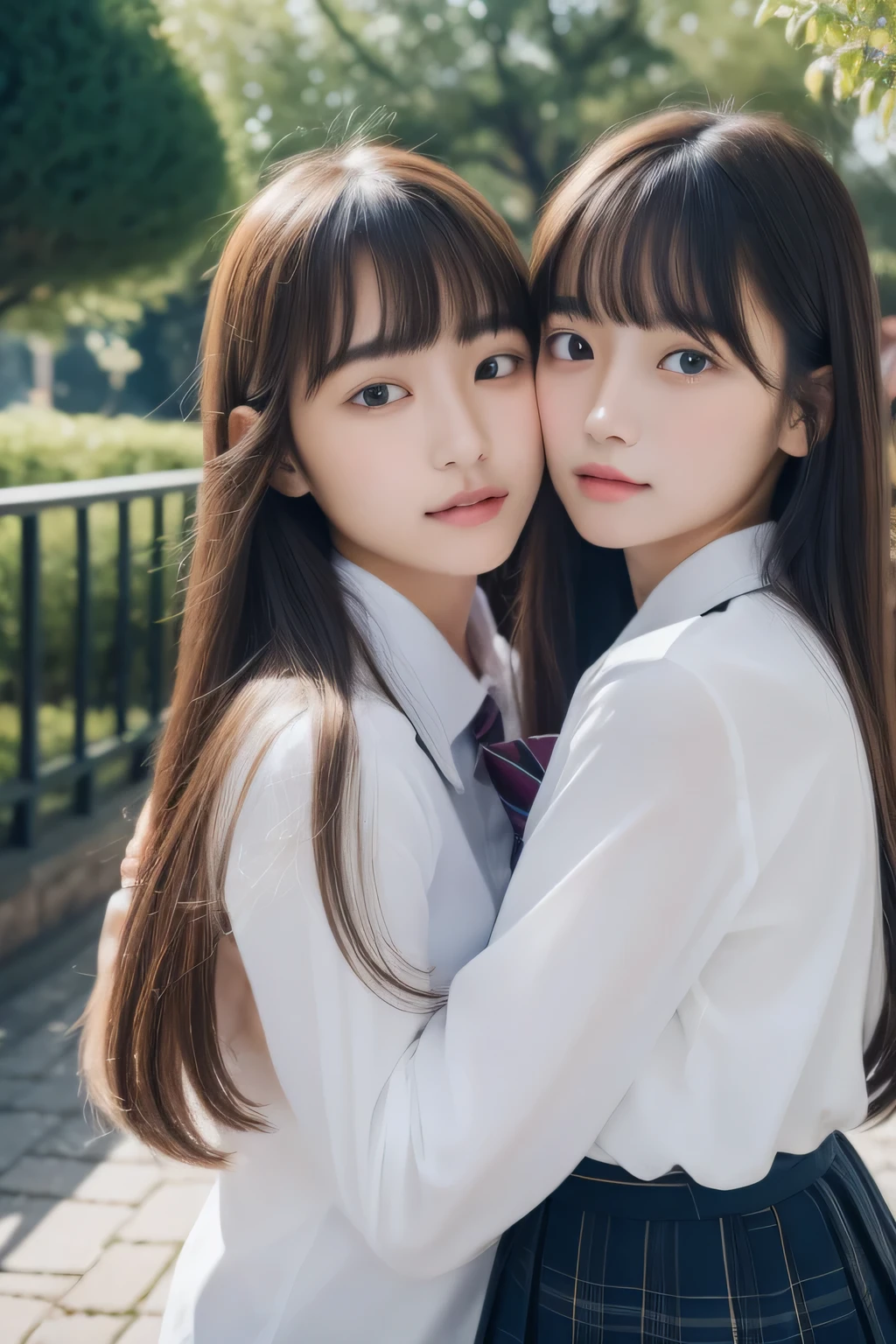 highest quality、8K、32K、masterpiece、nffsw:1.2)、2 girls、Two girls with long hair、Two beautiful Japan women、heavy bangs、long sleeve shirt、hair length、school uniform