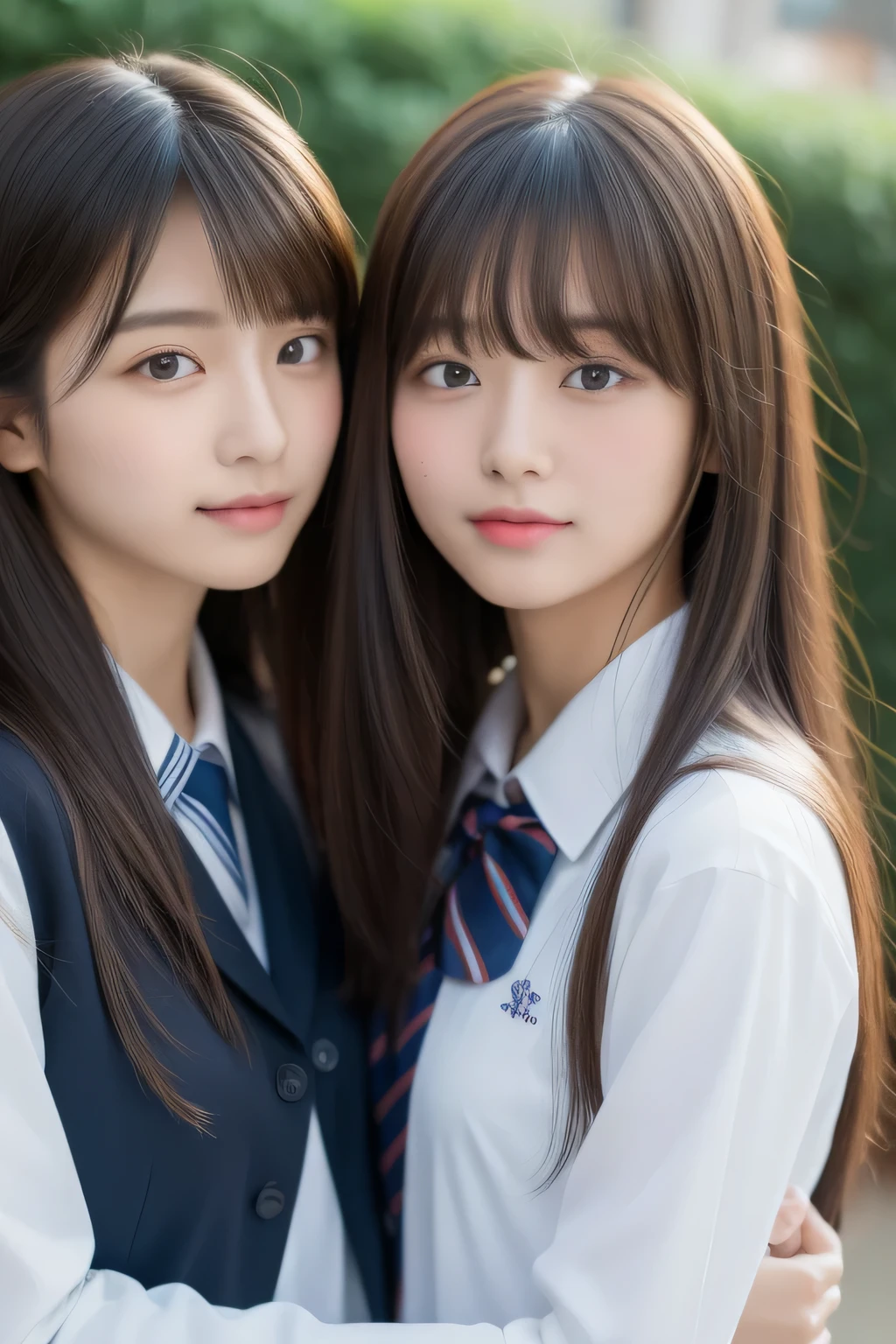 highest quality、8K、32K、masterpiece、nffsw:1.2)、2 girls、Two girls with long hair、Two beautiful Japan women、heavy bangs、long sleeve shirt、hair length、school uniform