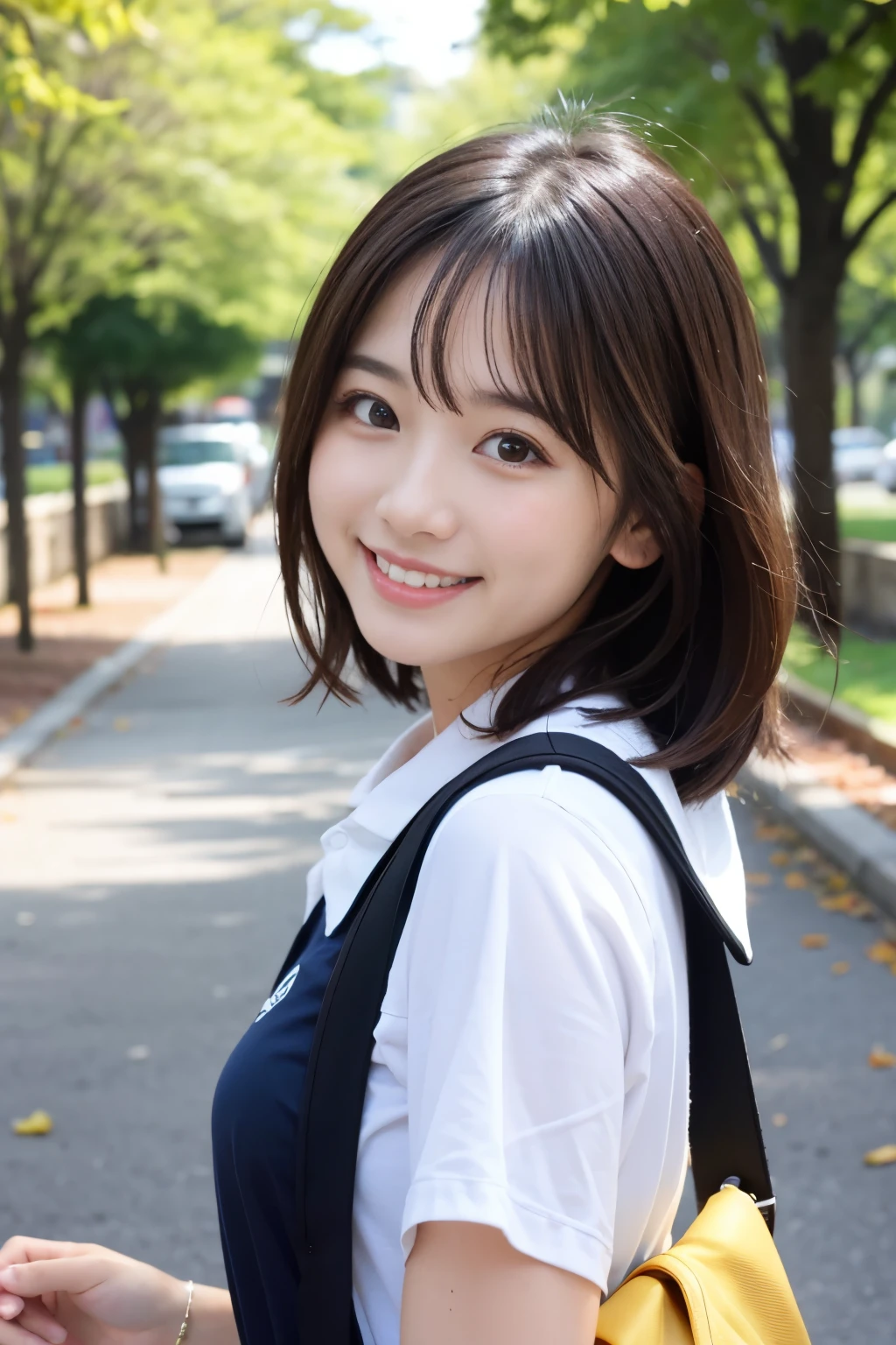 8K、best image quality、smile、masterpiece、spring、short hair、fine eyes、small breasts、爽やかなsmile、Female college student、Dimples、springの新作ワンピース、Clear system、attending university、Ruck sack