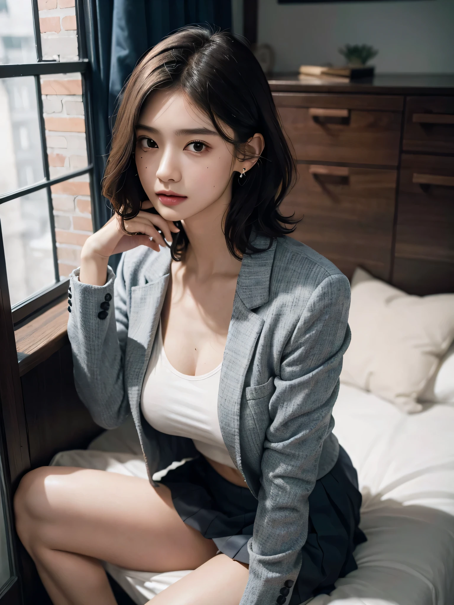 absurdres, RAW photo, extremely delicate and beautiful, masterpiece, Best Quality, ultra high resolution, 32k, hyperrealistic, ultra-detailed, perfect anatomy, perfect figure, super Detailed skin, 30 years old, very Slim body, narrow waist, very small head, very small face, delicate facial features, tearful mole, earring, thin legs, (((very huge round breasts)), ((full body shot)), short medium hair, ((wavy hair)), wet clothes, ((skirt suit)), ((blazer)), ((collared dress shirt)), short pencil skirt,