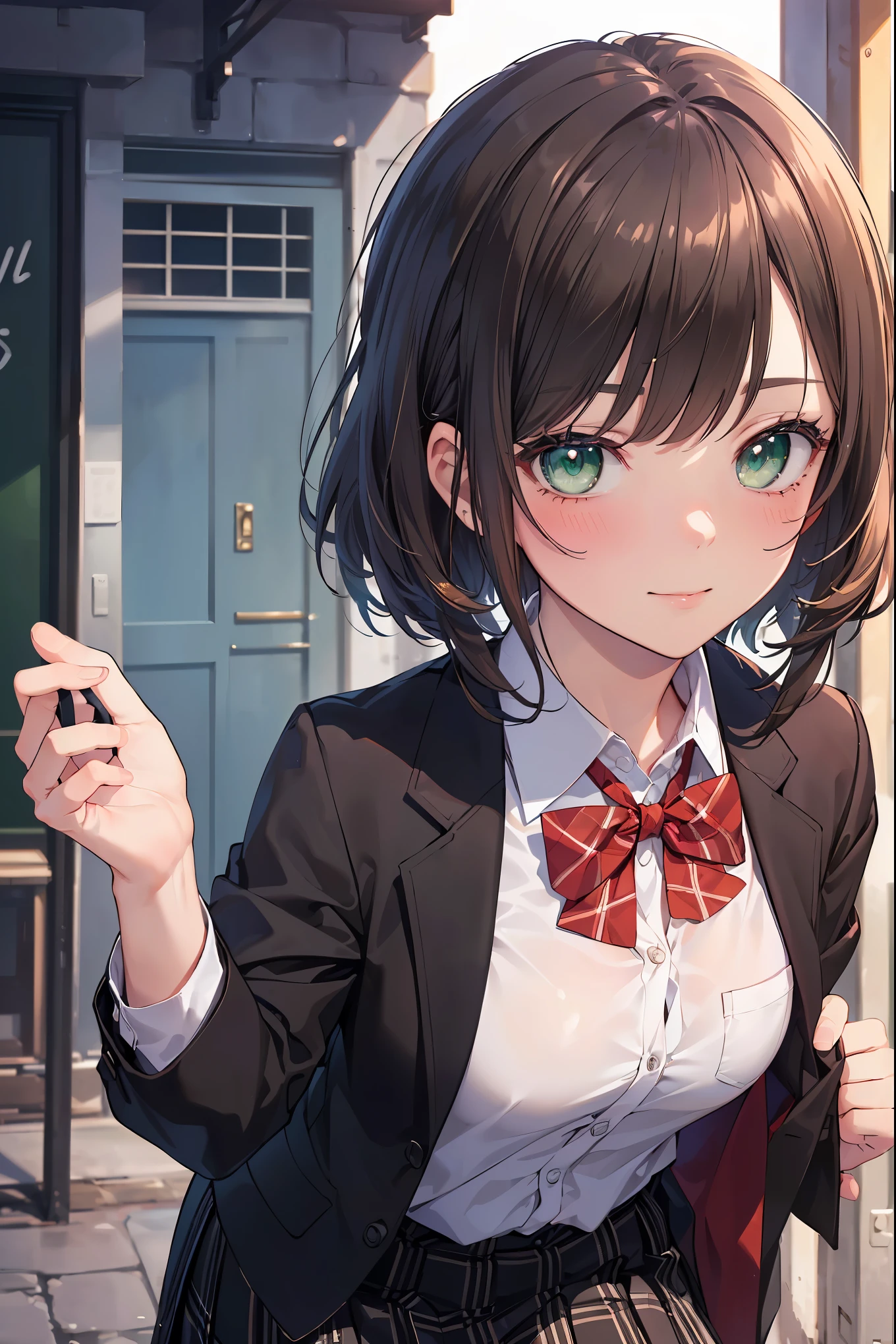 ((masterpiece, best quality, highres, UHD, perfect pixel, depth of field, 4k, RTX, HDR))), 1girl, single, solo, beautiful anime girl, beautiful artstyle, anime character, ((long hair, bangs, brown hair, curly hair:0.5)), ((green eyes:1.4, rounded eyes, beautiful eyelashes, realistic eyes)), ((detailed face, blushing:1.2)), ((smooth texture:0.75, realistic texture:0.65, photorealistic:1.1, anime CG style)), medium breasts, dynamic angle, perfect body, ((portrait, pov)), ((red bowtie, school uniform, black jacket, open jacket, brown cardigan, white shirt, black skirt, plaid skirt)), smile, hands up, amusement park