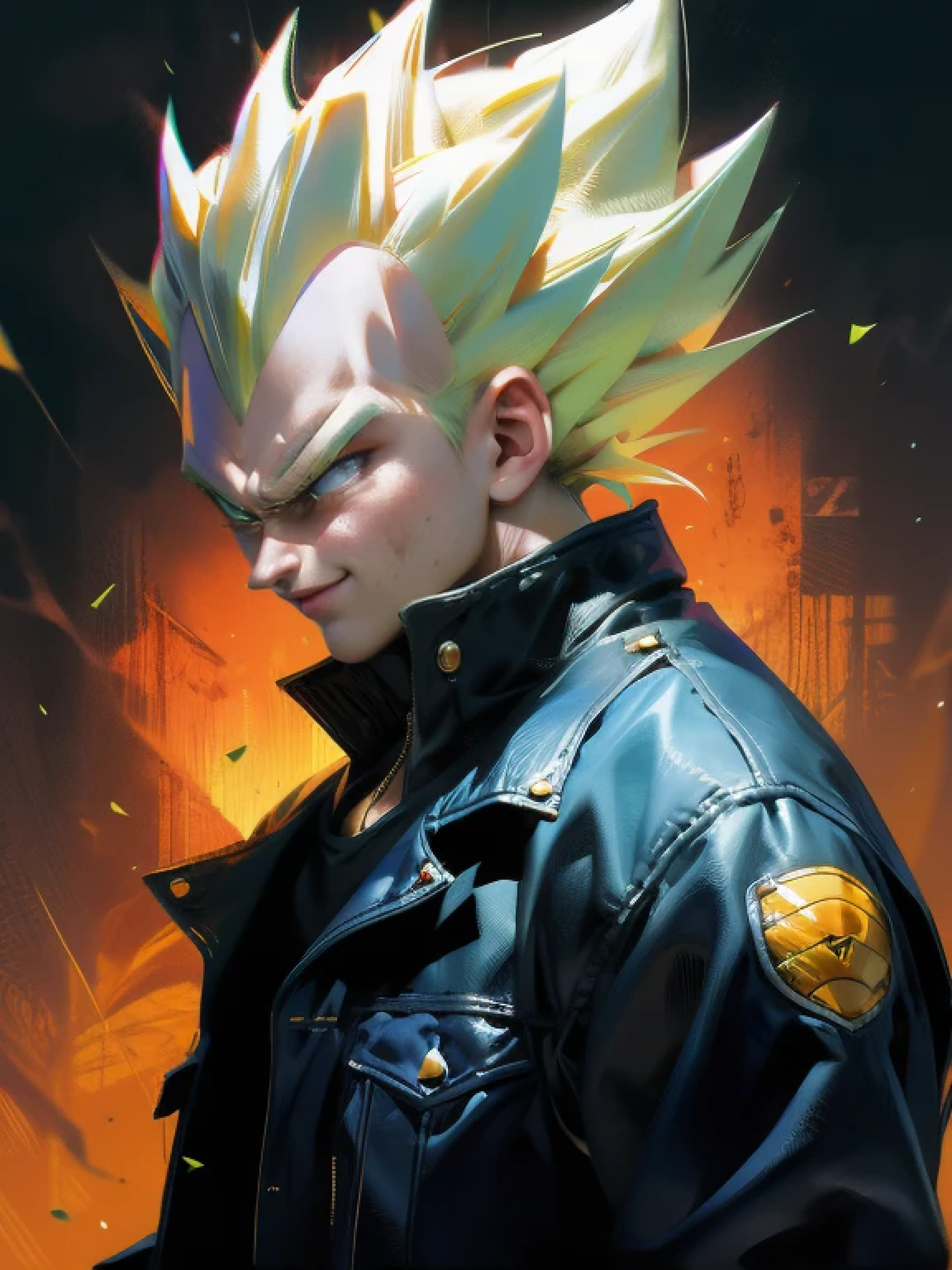 1man, solo, (masterpiece), best quality, ultra-detailed, Vegeta from Dragon Ball Z, super saiyan hair, Retro style, full body. fashion cloth, jean jacket, fancy, portrait, face detail, eyes detail, simple background, sakichiman
