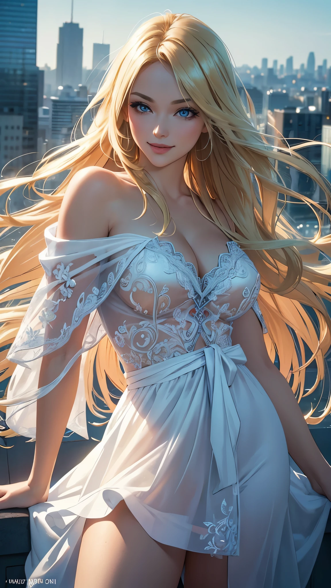 (best quality,ultra-detailed,photo-realistic:1.37),bright and vibrant colors,studio lighting,playful expression,stylish makeup,long blonde hair flowing in the wind,alluring eyes,glossy lips,sexy pose, Valentines, overlooking city, black,smiling in a confident and seductive way,posing for a professional photoshoot,shallow depth of field,highlighting the main subject,soft natural lighting,creating a dreamy and magical atmosphere.