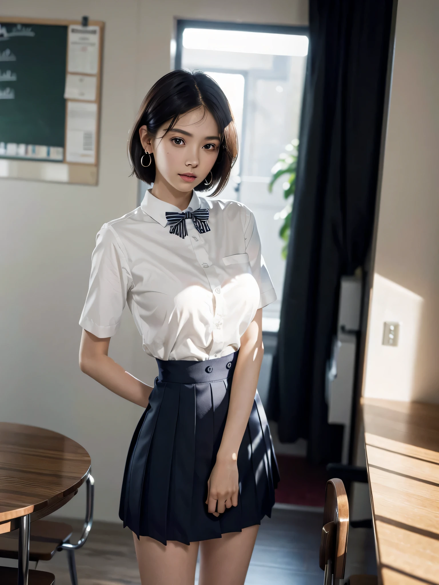disorganized, RAW photo, very delicate and beautiful, masterpiece, highest quality, ultra high resolution, 16k, surreal, super detailed, perfect anatomy, super dense skin, perfect figure, Highly detailed CG 8k wallpaper, 20's, very slim body, (tight waist:1.2), very small head, very small face, delicate features, tearful mole, earrings, thin legs, (very huge round breasts:1.2), full body shot, short hair, wavy hair, (school uniform:1.2),