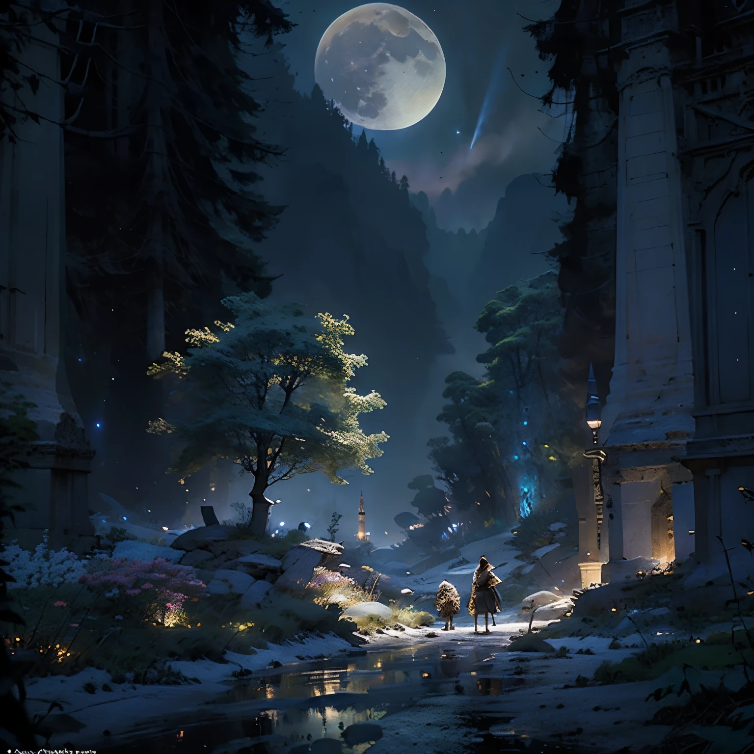 masterpiece, best quality, ultra-detailed, illustration, fantasy, night sky, magic, moon, stars,wind, glowing, mysterious, adventurous, freedom, wonder, imagination, representational, beauty, fantasy culture, mythology, fairy tales, fantasy worlds, composition, scale, foreground, middle ground, background, perspective, light, color, texture, detail, beauty, wonder.