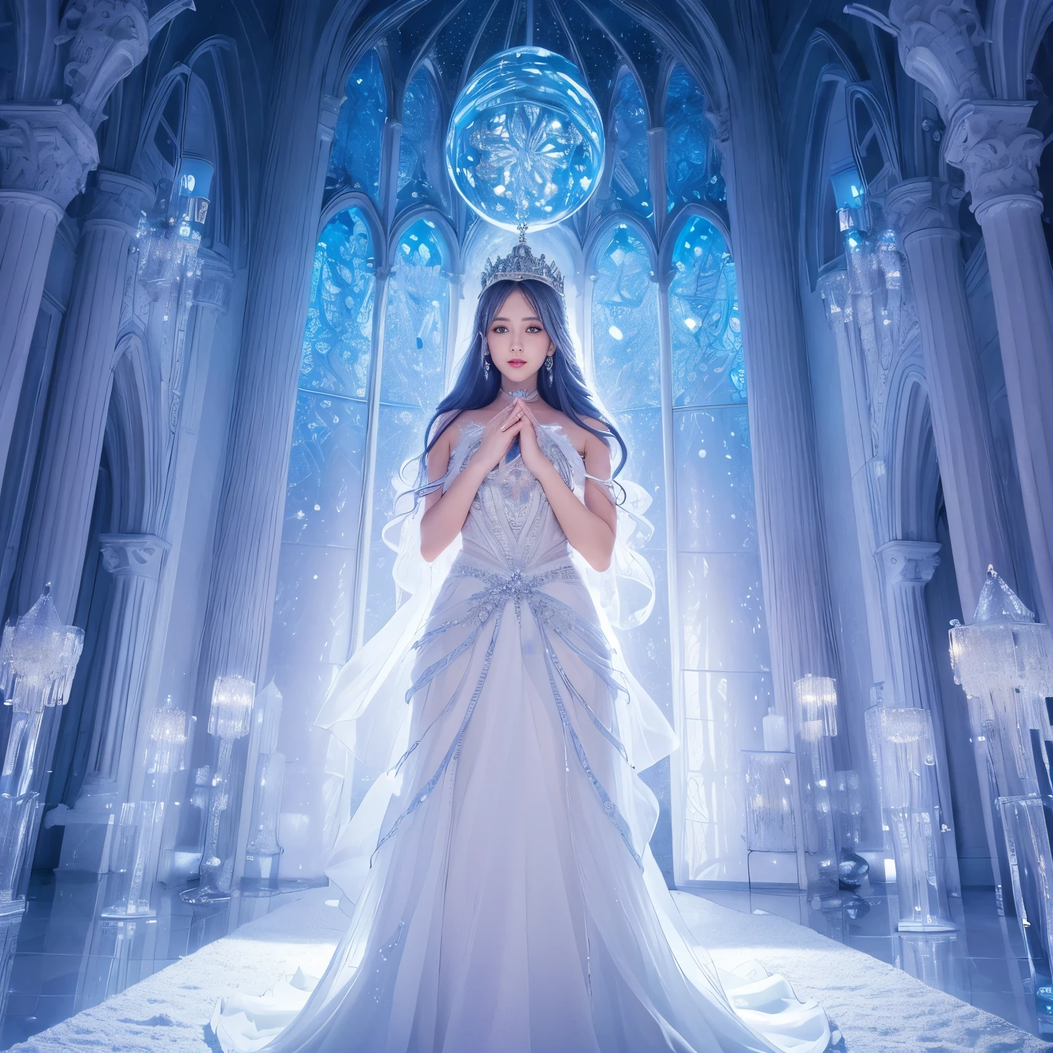 ((highest quality、table top、8K、best image quality、extremely complex and detailed depiction))、(one snow princess:1.05)、(solo:1.1)、(氷でできた宮殿にいるone snow princess:1.05)、(The most elaborate and luxurious sparkling ice palace cathedral:1.2)、(Inside the most fantastic giant palace made of ice:1.2)、(The most fantastic cathedral made of intricate glowing ice:1.2)、(beautiful transparent ice:1.1)、The background is a detailed ice palace、beautiful domed ceiling、(A palace made of intricately glowing ice:1.2)、(A symmetrical, straight-on composition:1.2)、Palace of Jewels、Inside the symmetrical palace、(very romantic:1.05)、sacred and mysterious palace、(Filled with fantastic purple and light blue light:1.1)、Beautiful shining ice、The most luxurious and highest quality giant tiara、The most luxurious and highest quality giant necklace、[big breasts]、(skin as white as snow:1.05)、glowing skin、(A glittering silver-white jeweled dress of the highest quality:1.1)、Elegant and beautiful pure white snow dress、elegant decoration、Diamond Decoration、artistic decoration、Luxury beyond imagination、the most luxurious decoration in the world、pure white makeup、Dresses that shine in silver、jewelry embellishments、Luxury beyond imagination、the most luxurious decoration in the world、Diamond dust、The most realistic and complex backgrounds、Highly detailed and realistic background、the best smile when you look at me、(beautiful snow is falling:1.05)、(Princess upper body photo:1.2)、(blurred background:1.1)、(mysterious fairy tale fog:1.15)、beautiful silver light blue hair、amazing movie lighting effects、Natural forehead、Complex and detailed background、the most delicate shine、Backgrounds with depth、low contrast、(Surrounded by a fantastic soft light:1.1)