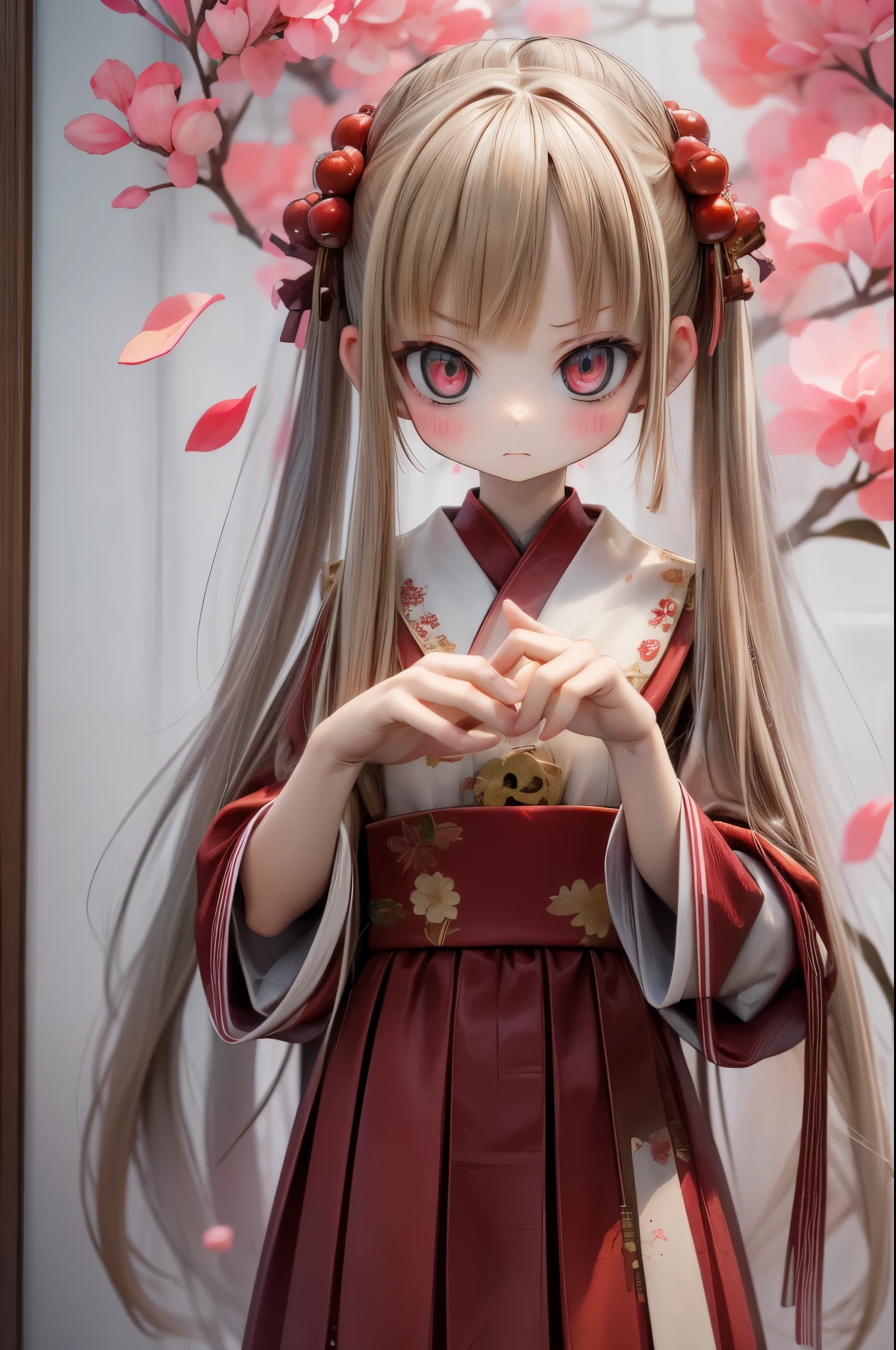 Doll standing in front of the painting, blonde, angry face, Sengai, pixiv, rococo, dolfie dream, watercolor Nendoroid, (high definition figure), flowing cherry colored silk, nendroid, highly_detailed!!, cherry blossom petals, flowing cherry blossom silk, season!!: 🌸 ☀ 🍂 ❄