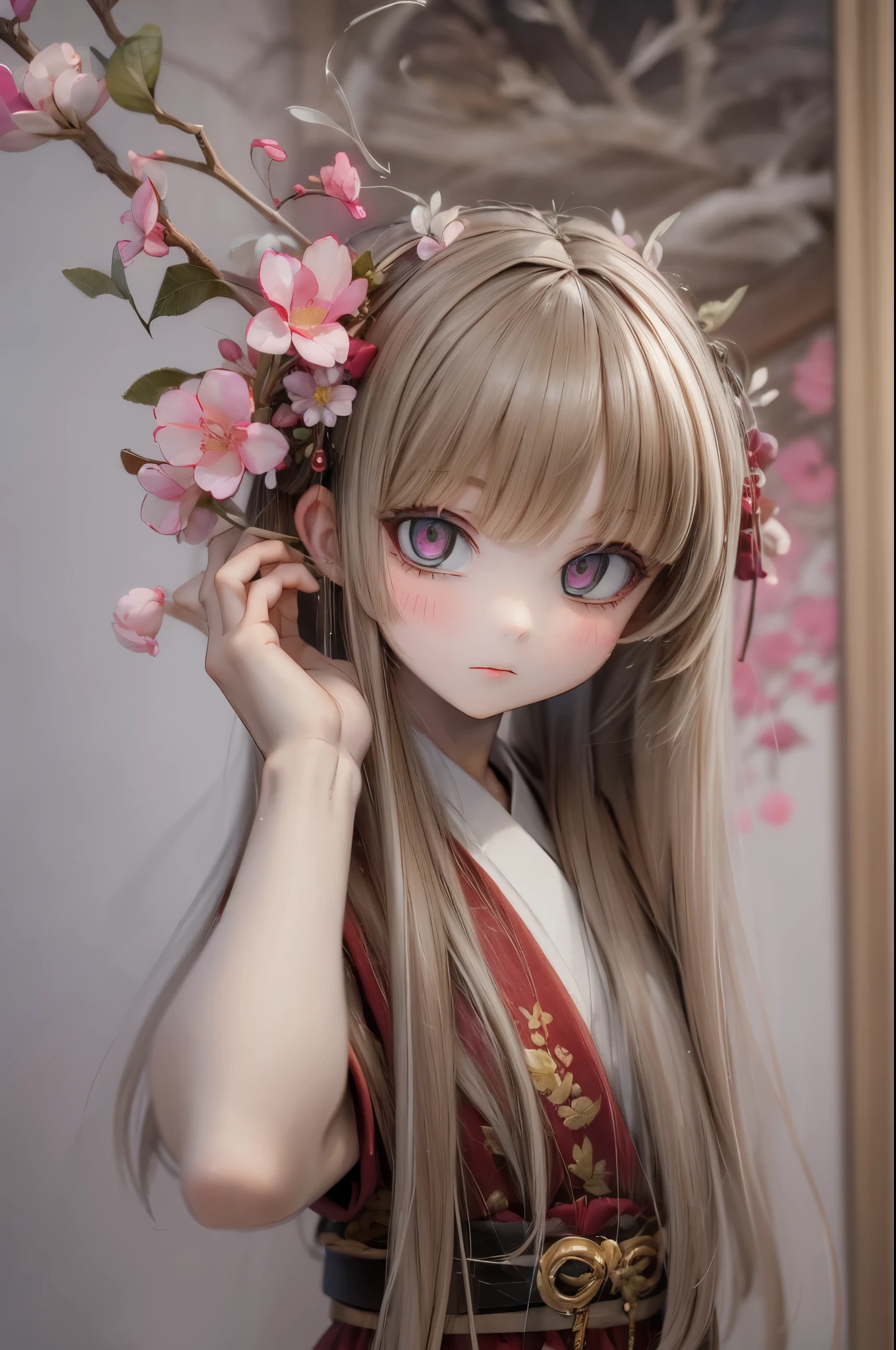 Doll standing in front of the painting, blonde, angry face, Sengai, pixiv, rococo, dolfie dream, watercolor Nendoroid, (high definition figure), flowing cherry colored silk, nendroid, highly_detailed!!, cherry blossom petals, flowing cherry blossom silk, season!!: 🌸 ☀ 🍂 ❄