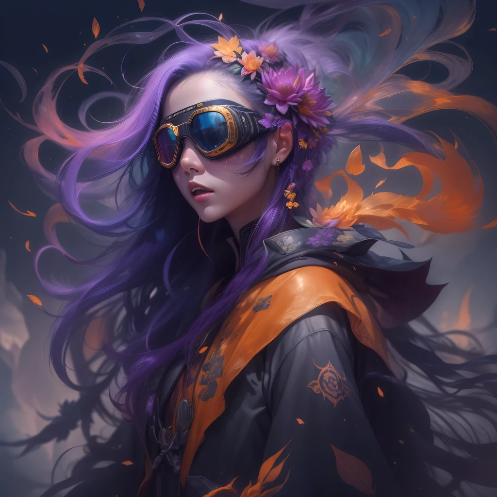 2679 Cyberpunk Year（masterpiece，HD，超HD，32k lotus root starch）Bright purple flowing hair，autumn pond， lotus root starch color， Asian （Michiko）， （silk scarf）， fighting stance， looking at the ground， Orange gradient long hair， ((Thick frame reflective jade windproof goggles))Floating bright purple， Fire cloud gold headdress， Chinese long-sleeved gold silk garment， （Abstract ink splash：1.2），mars background，lotus（realistically：1.4），bright purple hair，Smoke on the road，The background is very ivory、pure， high resolution， Detailed wind protection goggles， RAW photos lotus root starch， Sharp Re， Nikon D850 film photo by Jefferies Lee 4 Kodak Portra 400 camera F1.6 guns, rich and colorful, Super real、Vivid textures, dramatic lighting, Unreal Engine Art Station Trend, Silicon Nest 800，