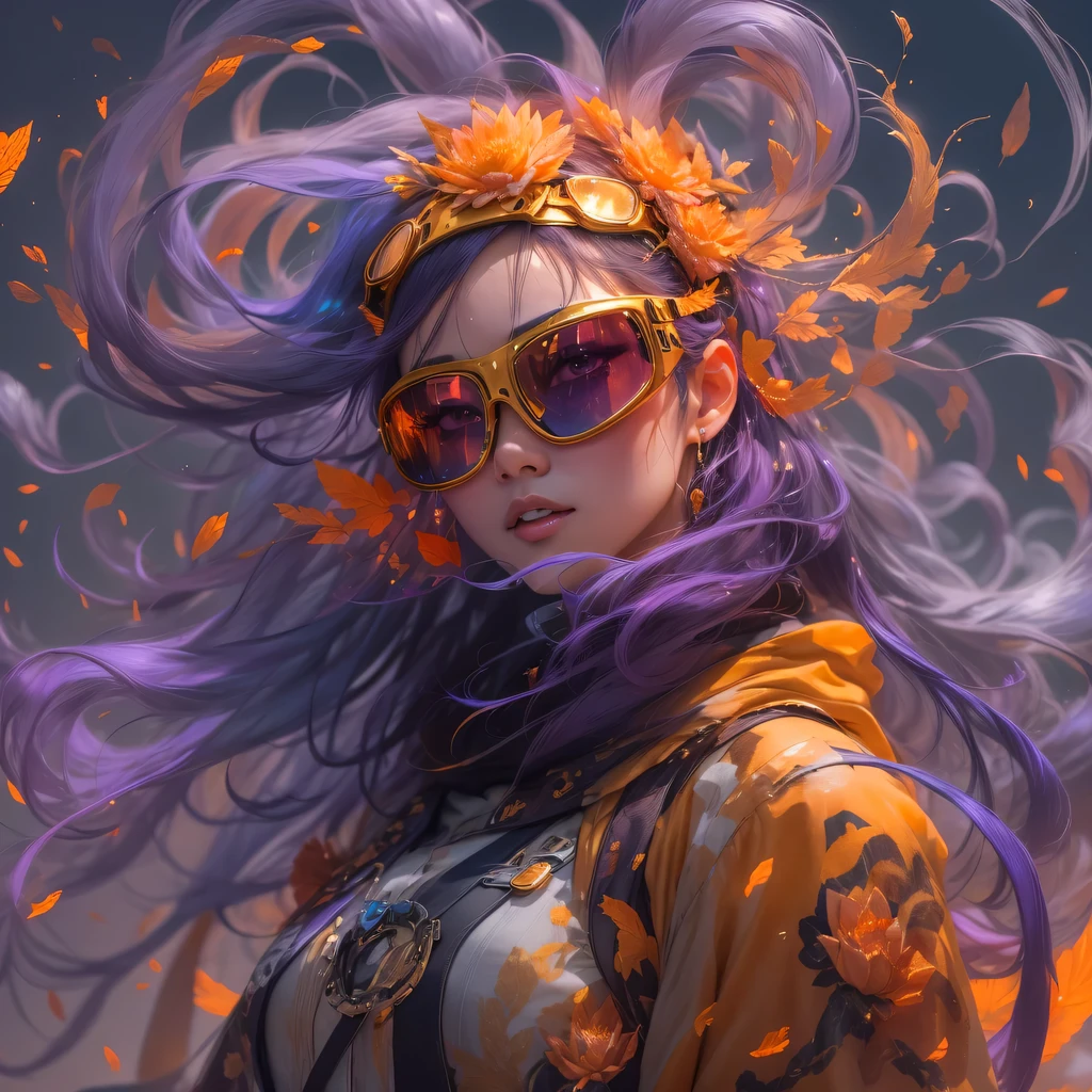 2679 Cyberpunk Year(masterpiece,HD,超HD,32k lotus root starch)Bright purple flowing hair,autumn pond, lotus root starch color, Asian (Michiko), (silk scarf), fighting stance, looking at the ground, Orange gradient long hair, ((Thick frame reflective jade windproof goggles))Floating bright purple, Fire cloud gold headdress, Chinese long-sleeved gold silk garment, (Abstract ink splash:1.2),mars background,lotus(realistically:1.4),bright purple hair,Smoke on the road,The background is very ivory、pure, high resolution, Detailed wind protection goggles, RAW photos lotus root starch, Sharp Re, Nikon D850 film photo by Jefferies Lee 4 Kodak Portra 400 camera F1.6 guns, rich and colorful, Super real、Vivid textures, dramatic lighting, Unreal Engine Art Station Trend, Silicon Nest 800,