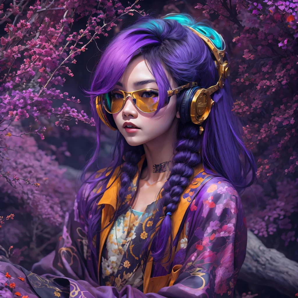 2679 Cyberpunk Year(masterpiece,HD,超HD,32k lotus root starch)Bright purple flowing hair,autumn pond, lotus root starch color, Asian (Michiko), (silk scarf), fighting stance, looking at the ground, Orange gradient long hair, ((Thick frame reflective jade windproof goggles))Floating bright purple, Fire cloud gold headdress, Chinese long-sleeved gold silk garment, (Abstract ink splash:1.2),mars background,lotus(realistically:1.4),bright purple hair,Smoke on the road,The background is very ivory、pure, high resolution, Detailed wind protection goggles, RAW photos lotus root starch, Sharp Re, Nikon D850 film photo by Jefferies Lee 4 Kodak Portra 400 camera F1.6 guns, rich and colorful, Super real、Vivid textures, dramatic lighting, Unreal Engine Art Station Trend, Silicon Nest 800,