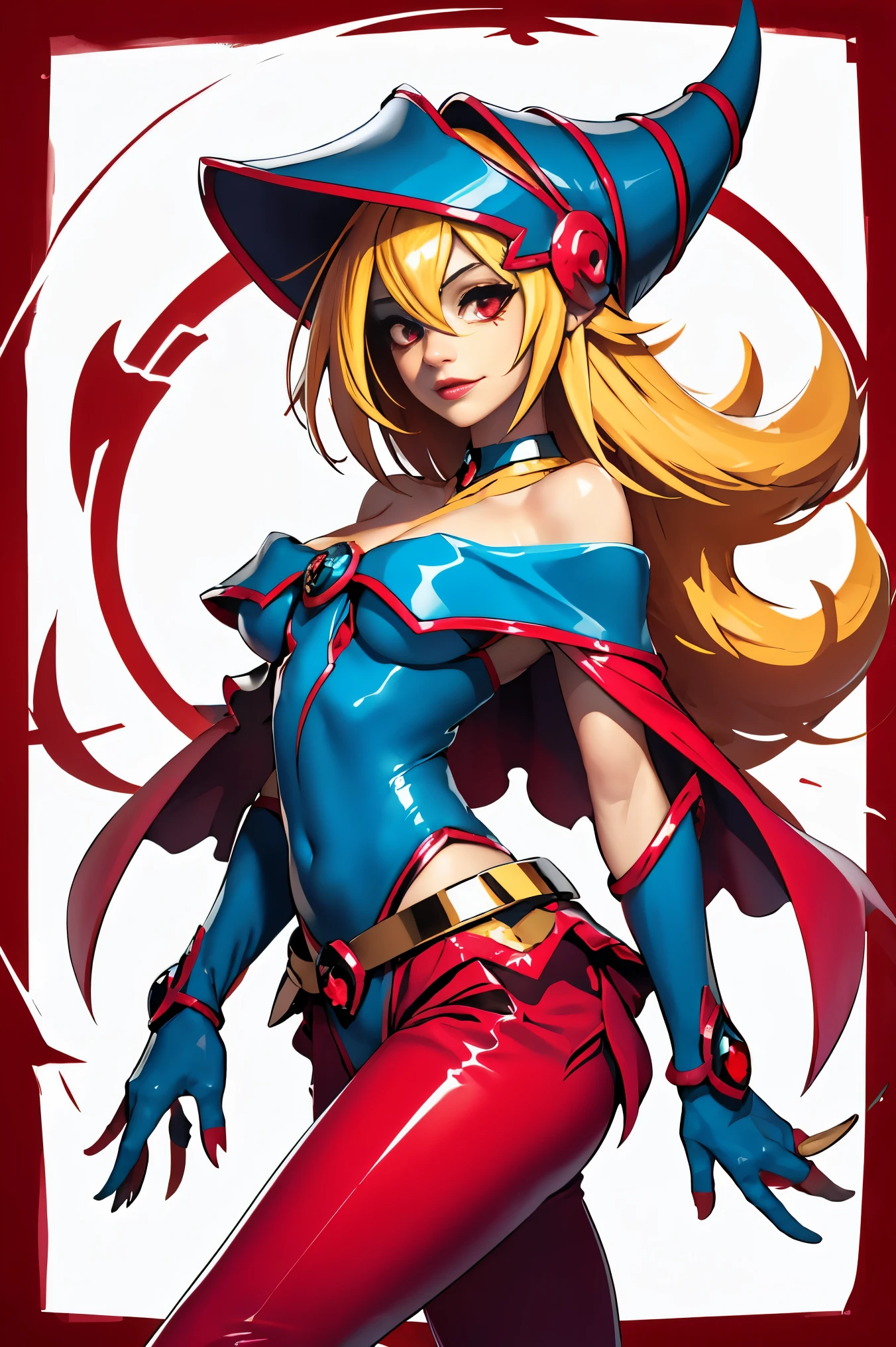 Hermosa maga oscura (obra maestra: 1.2, La mejor calidad), (1 , solamente), grandes senos, (Dynamic posture), (piel brillante, crimson red skin), crimson red skin, Dark Magician Girl Demon Version Sezy, piel roja, Guantes finos y de encaje, ( small demonic horns:1.1), (Lilith \(Darkstalkers\)), (cielo), fleco, (jewely, Adorno dorado:1.15 ), pelvis grande, azul (pantys:1.1) Dark Magician Girl Sexy Demon Version. Magic circle and magic hearts. Magical hearts