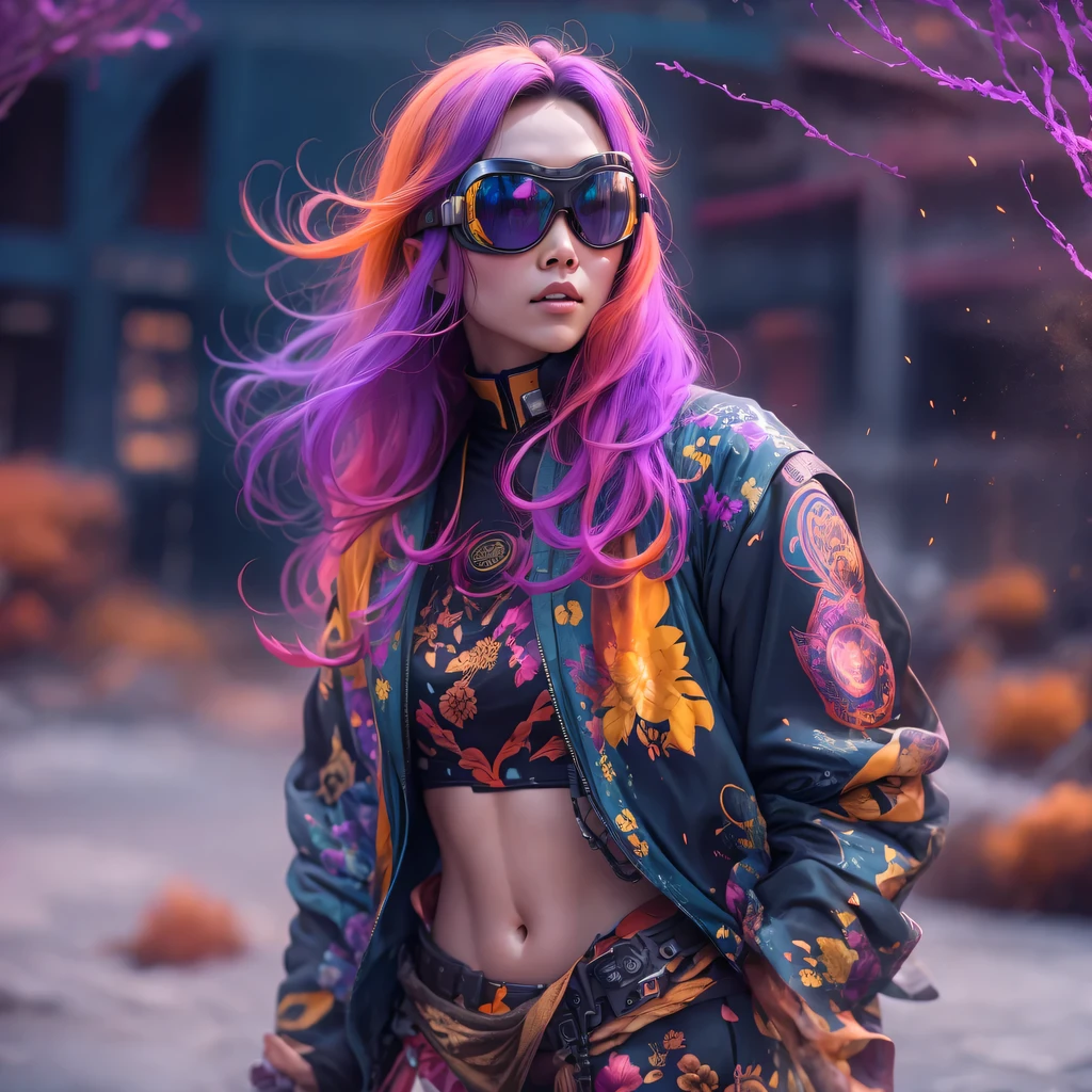 2679 Cyberpunk Year(masterpiece,HD,超HD,32k lotus root starch)Bright purple flowing hair,autumn pond, lotus root starch color, Asian (Michiko), (silk scarf), fighting stance, looking at the ground, Orange gradient long hair, ((Thick frame reflective jade windproof goggles))Floating bright purple, Fire cloud gold headdress, Chinese long-sleeved gold silk garment, (Abstract ink splash:1.2),mars background,lotus(realistically:1.4),bright purple hair,Smoke on the road,The background is very ivory、pure, high resolution, Detailed wind protection goggles, RAW photos lotus root starch, Sharp Re, Nikon D850 film photo by Jefferies Lee 4 Kodak Portra 400 camera F1.6 guns, rich and colorful, Super real、Vivid textures, dramatic lighting, Unreal Engine Art Station Trend, Silicon Nest 800,