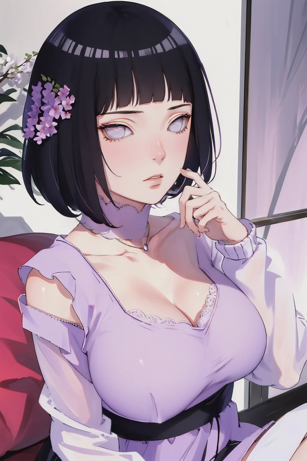 { - anatomy error} (Masterpiece - Ultra-detailed, very high resolution) (huge titusty, masterpiece, absurdres, hinata\(boruto\), 1girl, solo,mature female, off-shoulder bra, high waist black short skirt, looking at viewelling petals), perfect composition, detailed lips, big breast, beautiful face, body propotion, blush, (pink lips), short hair, (black hair), purple eyes, soft gaze, super realistic, detailed, photoshoot, realistic face and body, closed mouth, sitting on the bed , lilac eyes, full body, lace clothes, with chin resting on shoulder, perfect fingers