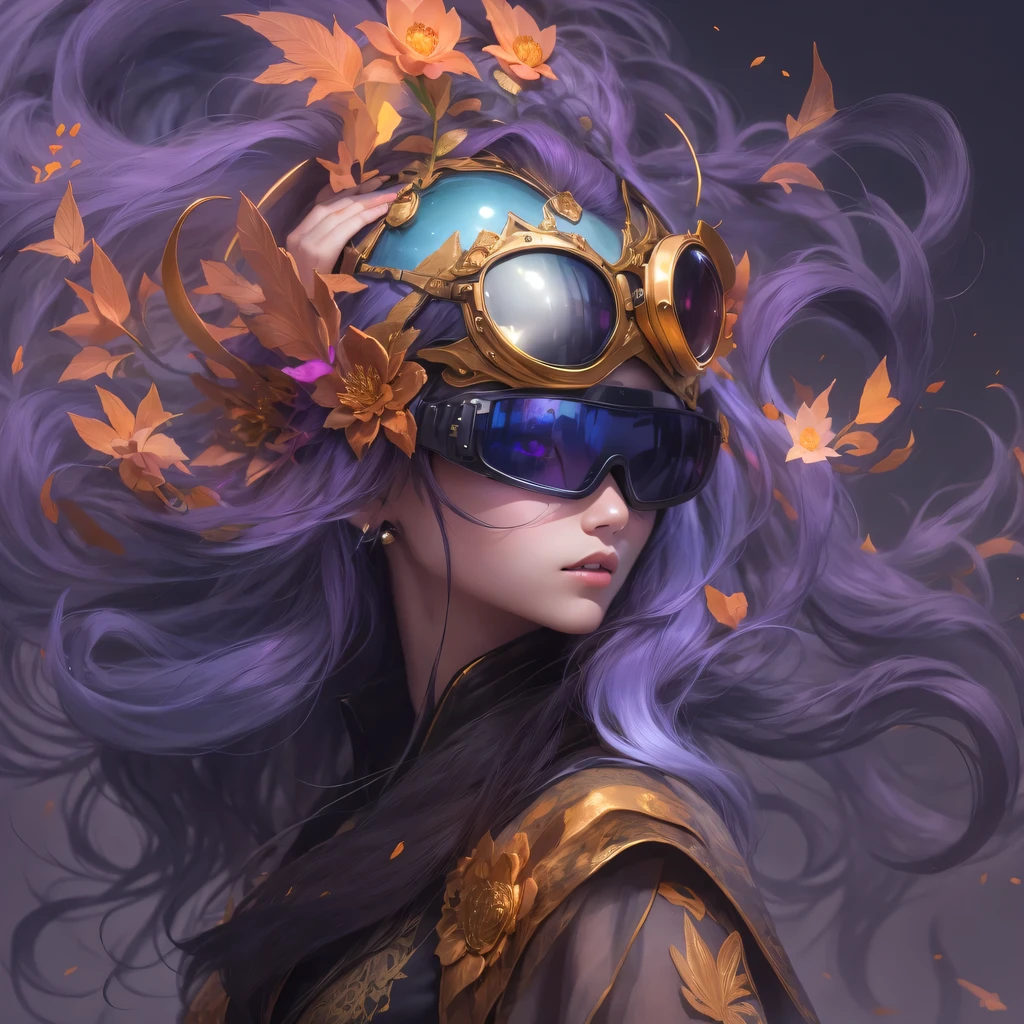 2679 Cyberpunk Year(masterpiece,HD,超HD,32k lotus root starch)Bright purple flowing hair,autumn pond, lotus root starch color, Asian (Michiko), (silk scarf), fighting stance, looking at the ground, Orange gradient long hair, ((Thick frame reflective jade windproof goggles))Floating bright purple, Fire cloud gold headdress, Chinese long-sleeved gold silk garment, (Abstract ink splash:1.2),mars background,lotus(realistically:1.4),bright purple hair,Smoke on the road,The background is very ivory、pure, high resolution, Detailed wind protection goggles, RAW photos lotus root starch, Sharp Re, Nikon D850 film photo by Jefferies Lee 4 Kodak Portra 400 camera F1.6 guns, rich and colorful, Super real、Vivid textures, dramatic lighting, Unreal Engine Art Station Trend, Silicon Nest 800,