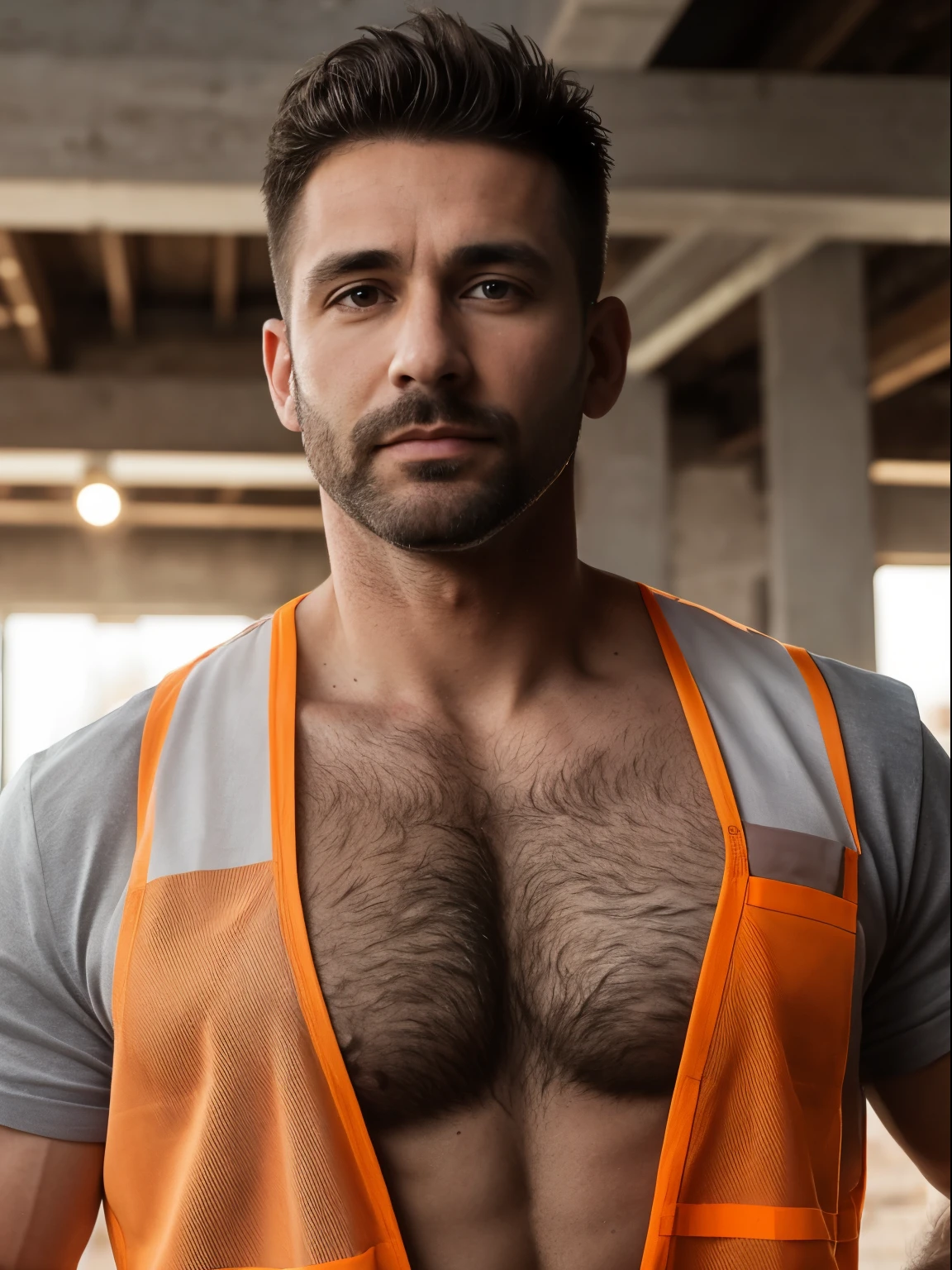 masterpiece, best quality, high resolution, closeup portrait, male focus, solo focus, A man, 40 years old, with construction worker uniform, unbuttoned work clothes, construction worker, silver grey hair, messy hairstyle, cute and seductive face, bare chest, body hair, facial hair, roman nose, very skinny body, hairy legs, dimples, beard, bold jawline , in the background a construction site, orange vest, gay , scruffy, erotic, view from below, amazing composition, front view, HDR, ultra quality, elegant, highly detailed