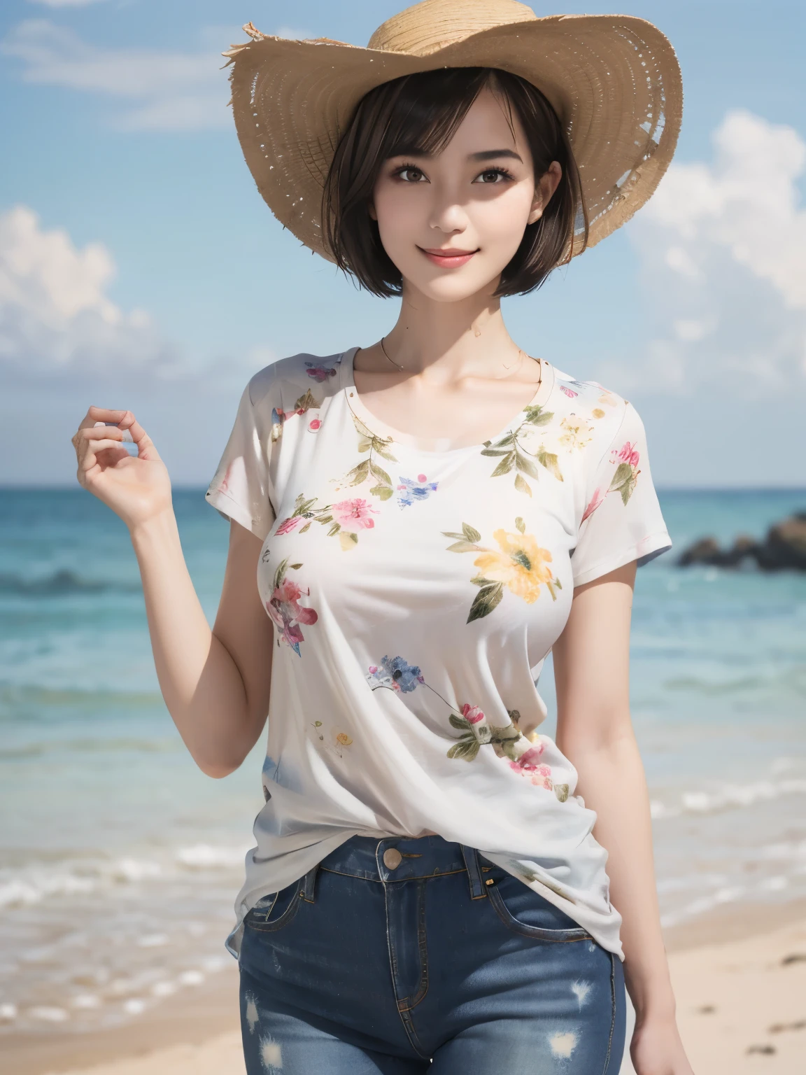 158
(Shorthair:1.46),  (a 20 yo woman, standing), (A hyper-realistic), (Masterpiece), (8KUHD), (gentle smile), Slender waist, Wearing jeans, ((Floral Clothing - T-Shirts)), Wearing long pants, (abstract painting), (splash on the beach),  (breasts:1.3), (口紅), panama hat
