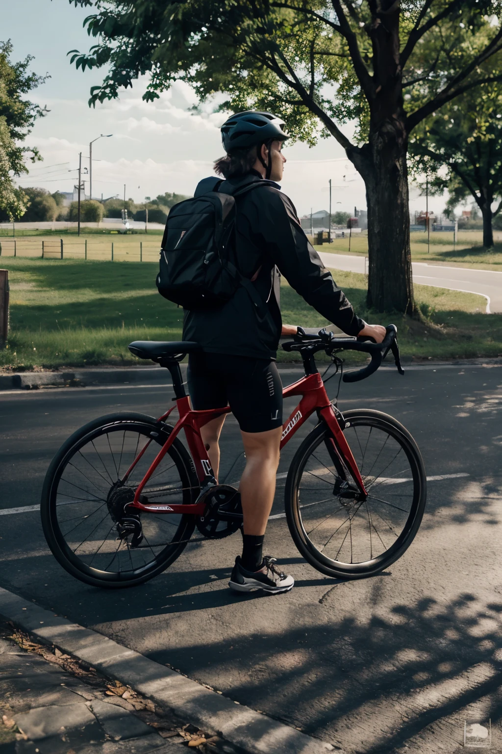 far cyclist, cyclist with black backpacks, on a red aero road bike