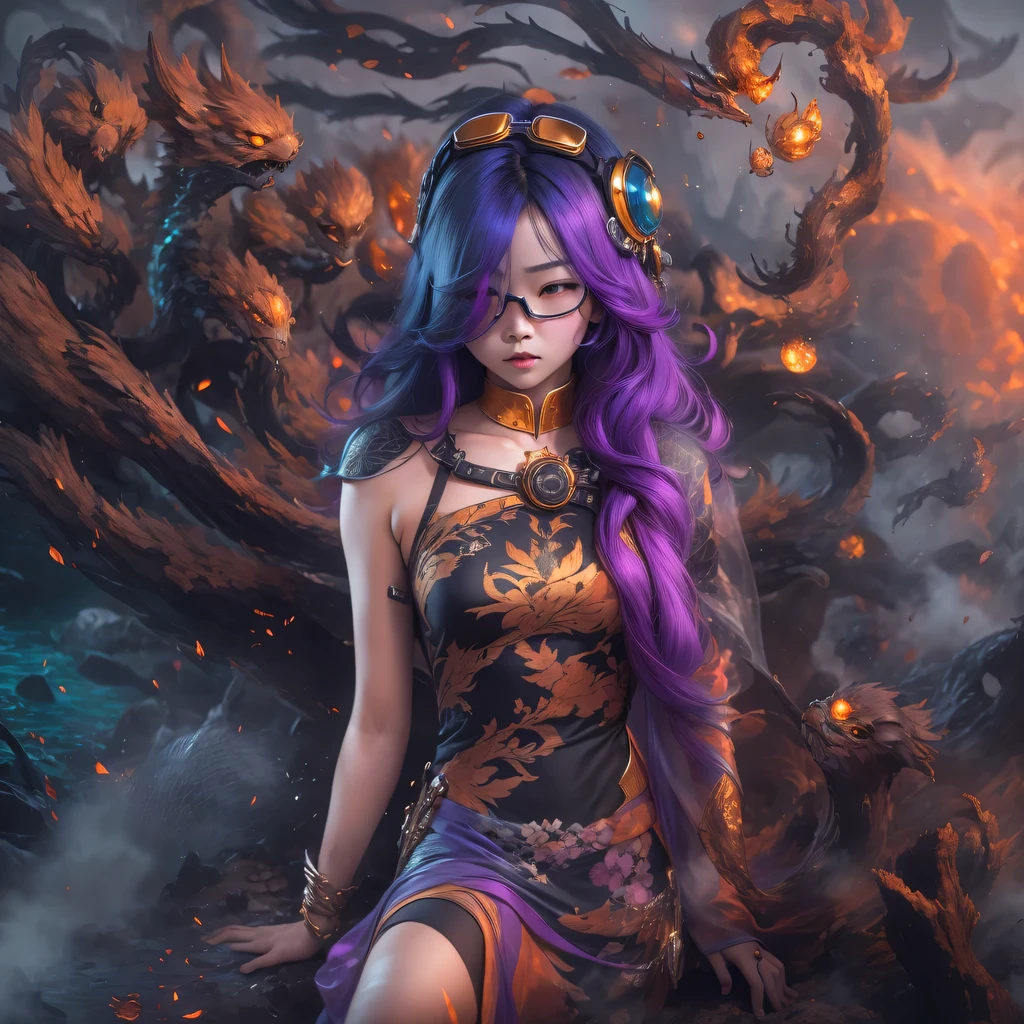 5679 Cyberpunk Year(masterpiece,HD,超HD,32k lotus root starch)Bright purple flowing hair,autumn pond, lotus root starch color, Asian (Michiko), (silk scarf), fighting stance, looking at the ground, Orange gradient long hair, ((Thick frame reflective jade windproof goggles))Floating bright purple, Fire cloud gold headdress, Chinese long-sleeved gold silk garment, (Abstract ink splash:1.2),mars background,lotus(realistically:1.4),bright purple hair,Smoke on the road,The background is very ivory、pure, high resolution, Detailed wind protection goggles, RAW photos lotus root starch, Sharp Re, Nikon D850 film photo by Jefferies Lee 4 Kodak Portra 400 camera F1.6 guns, rich and colorful, Super real、Vivid textures, dramatic lighting, Unreal Engine Art Station Trend, Silicon Nest 800
