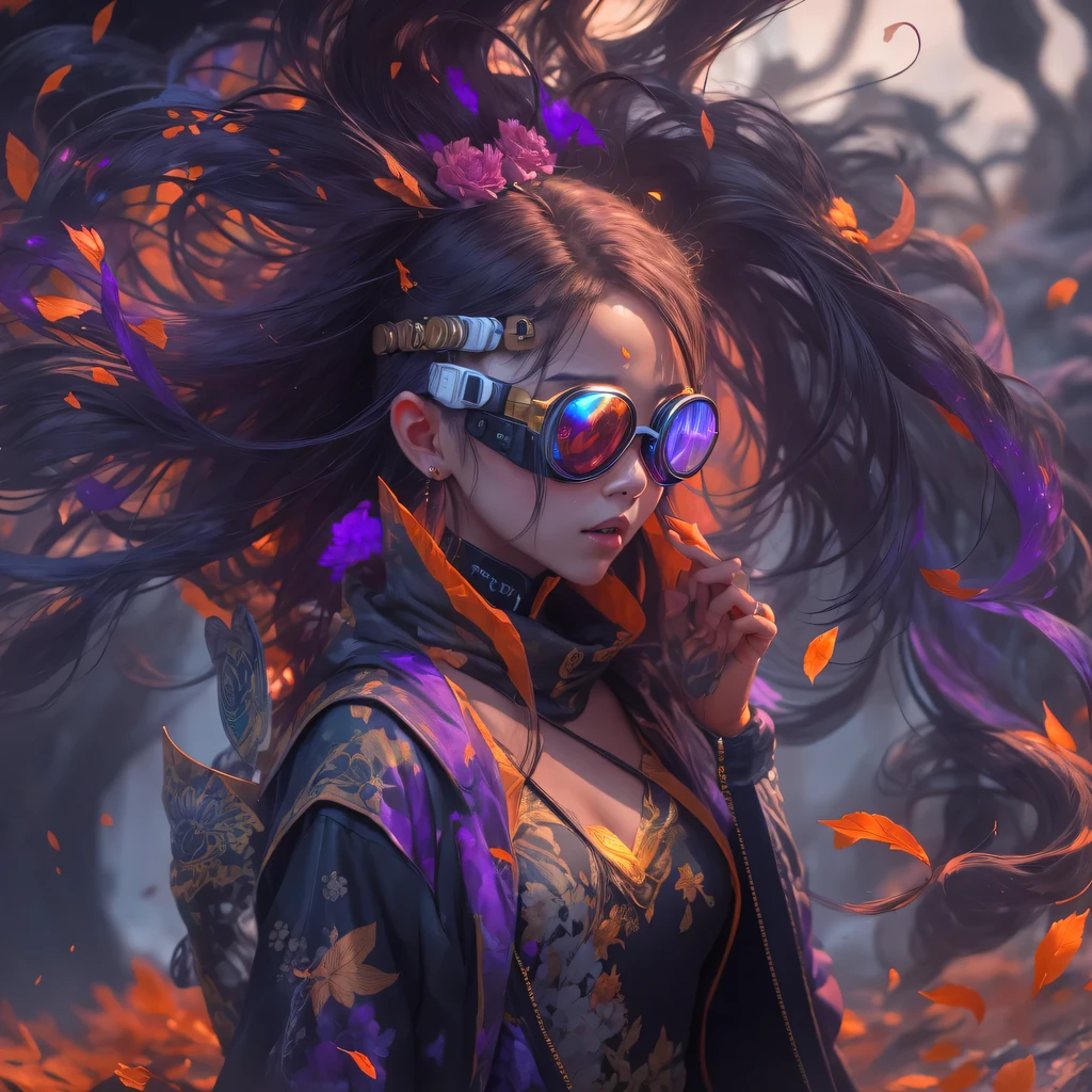 5679 Cyberpunk Year(masterpiece,HD,超HD,32k lotus root starch)Bright purple flowing hair,autumn pond, lotus root starch color, Asian (Michiko), (silk scarf), fighting stance, looking at the ground, Orange gradient long hair, ((Thick frame reflective jade windproof goggles))Floating bright purple, Fire cloud gold headdress, Chinese long-sleeved gold silk garment, (Abstract ink splash:1.2),mars background,lotus(realistically:1.4),bright purple hair,Smoke on the road,The background is very ivory、pure, high resolution, Detailed wind protection goggles, RAW photos lotus root starch, Sharp Re, Nikon D850 film photo by Jefferies Lee 4 Kodak Portra 400 camera F1.6 guns, rich and colorful, Super real、Vivid textures, dramatic lighting, Unreal Engine Art Station Trend, Silicon Nest 800