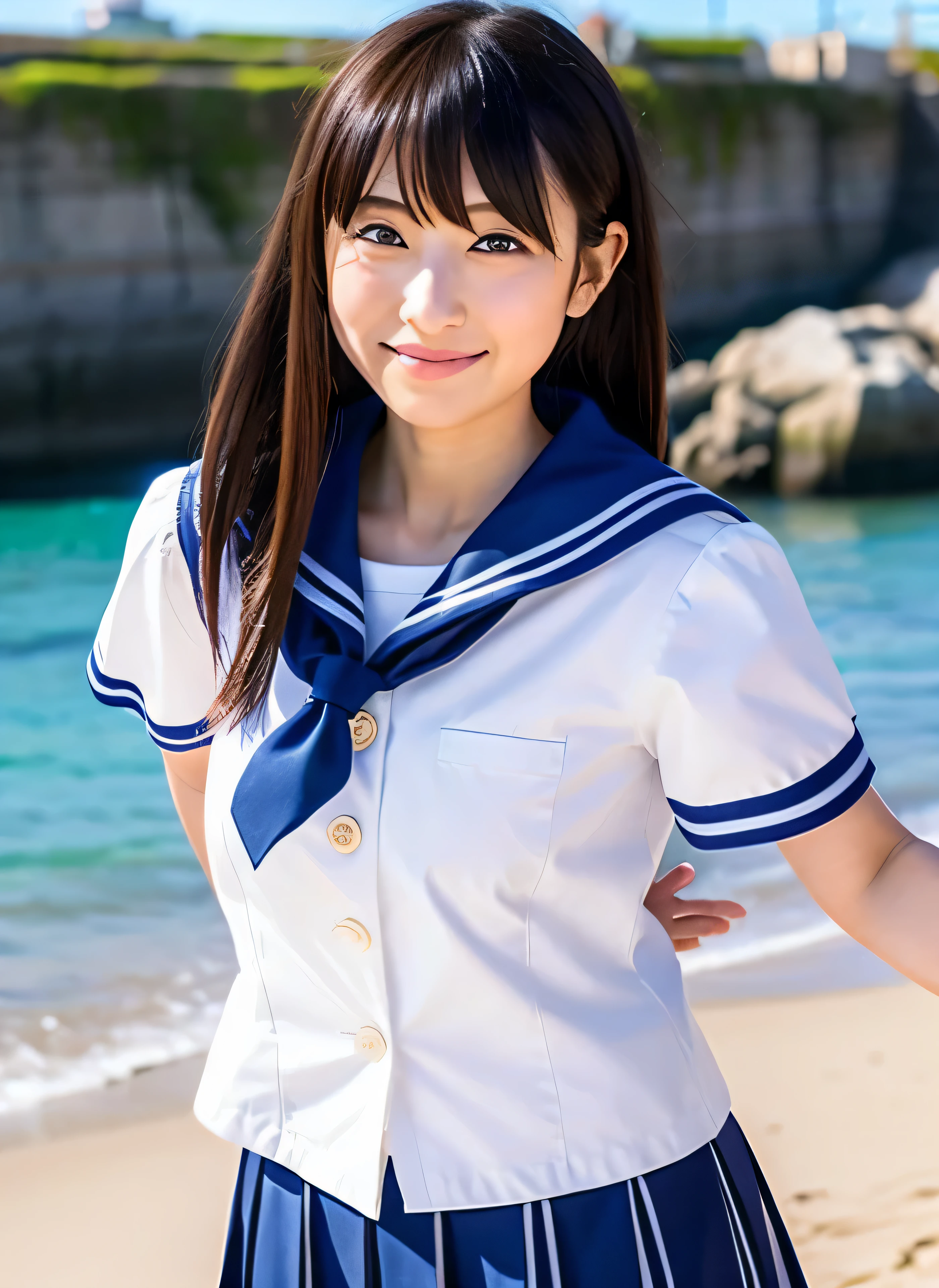arafed asian woman in a sailor outfit standing on a beach, japanese girl school uniform, wearing japanese school uniform, loose coat collar sailor uniform, japanese school uniform, seifuku, sailor uniform, wearing school uniform, girl wearing uniform, chiho, shikamimi, kantai collection style, young pretty gravure idol, shiori teshirogi