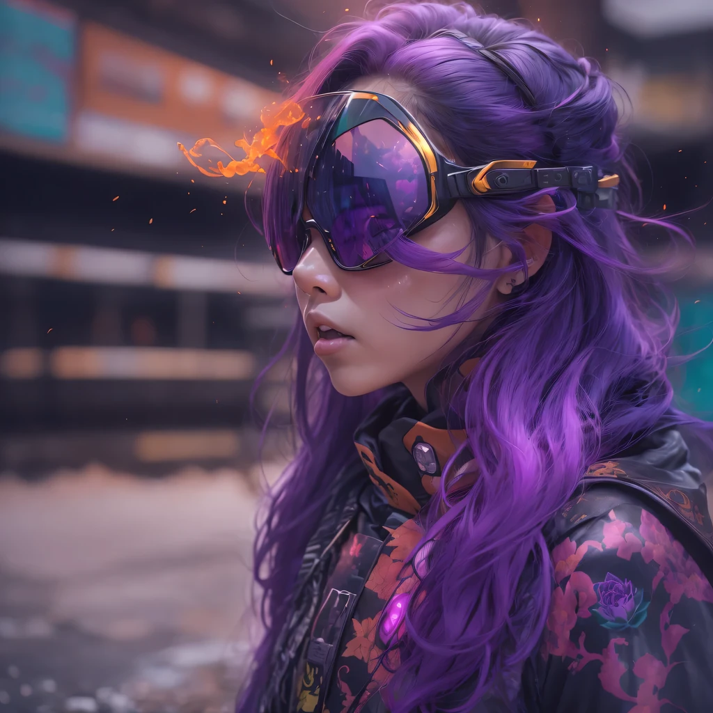 5679 Cyberpunk Year(masterpiece,HD,超HD,32k lotus root starch)Bright purple flowing hair,autumn pond, lotus root starch color, Asian (Michiko), (silk scarf), fighting stance, looking at the ground, Orange gradient long hair, ((Thick frame reflective jade windproof goggles))Floating bright purple, Fire cloud gold headdress, Chinese long-sleeved gold silk garment, (Abstract ink splash:1.2),mars background,lotus(realistically:1.4),bright purple hair,Smoke on the road,The background is very ivory、pure, high resolution, Detailed wind protection goggles, RAW photos lotus root starch, Sharp Re, Nikon D850 film photo by Jefferies Lee 4 Kodak Portra 400 camera F1.6 guns, rich and colorful, Super real、Vivid textures, dramatic lighting, Unreal Engine Art Station Trend, Silicon Nest 800
