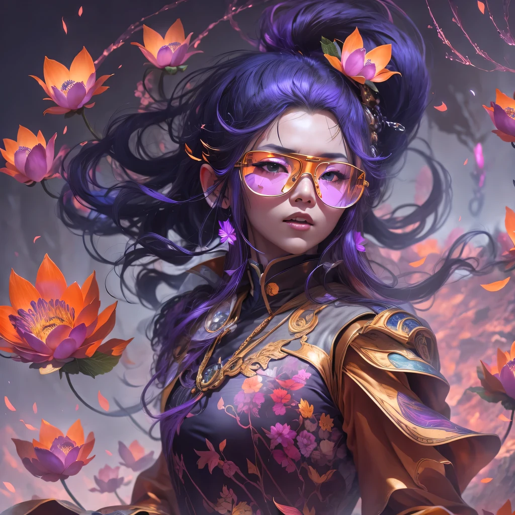 5679 Cyberpunk Year(masterpiece,HD,超HD,32k lotus root starch)Bright purple flowing hair,autumn pond, lotus root starch color, Asian (Michiko), (silk scarf), fighting stance, looking at the ground, Orange gradient long hair, ((Thick frame reflective jade windproof goggles))Floating bright purple, Fire cloud gold headdress, Chinese long-sleeved gold silk garment, (Abstract ink splash:1.2),mars background,lotus(realistically:1.4),bright purple hair,Smoke on the road,The background is very ivory、pure, high resolution, Detailed wind protection goggles, RAW photos lotus root starch, Sharp Re, Nikon D850 film photo by Jefferies Lee 4 Kodak Portra 400 camera F1.6 guns, rich and colorful, Super real、Vivid textures, dramatic lighting, Unreal Engine Art Station Trend, Silicon Nest 800