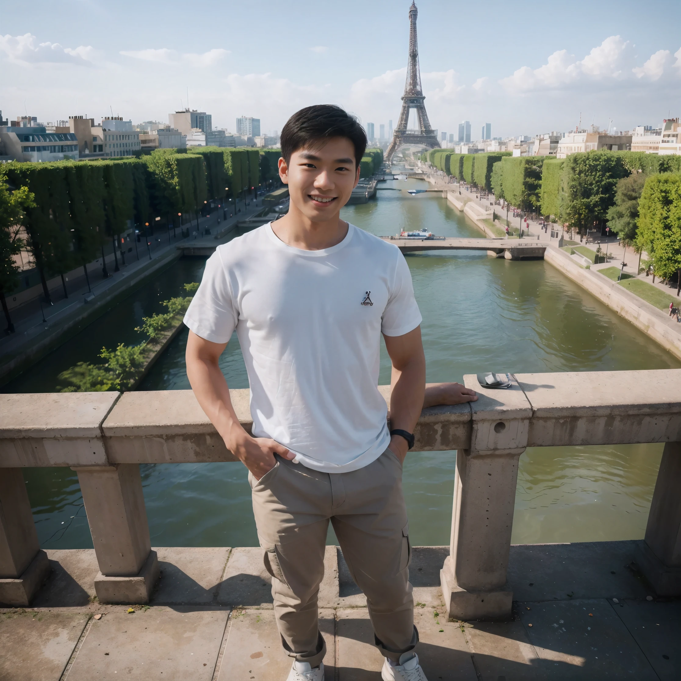(8K, RAW photo, photorealistic:1.25), Full body shot, hdr photo, photorealistic, hyperrealistic, of a 25 year old Korean man, fit body trapezoid, white skin, oval shape, two block hairstyle, dressed in white shirts, khaki chinos, white air jordan sneakers, smiling pose, eye level angle, standing in the Eiffel Tower. 800mm lens, macro photo, focus photo, deep focus, very detailed, taken with hasselblad x2d, nature photo, professional photography, award winning, national geography documentary, (bright color ):1.25