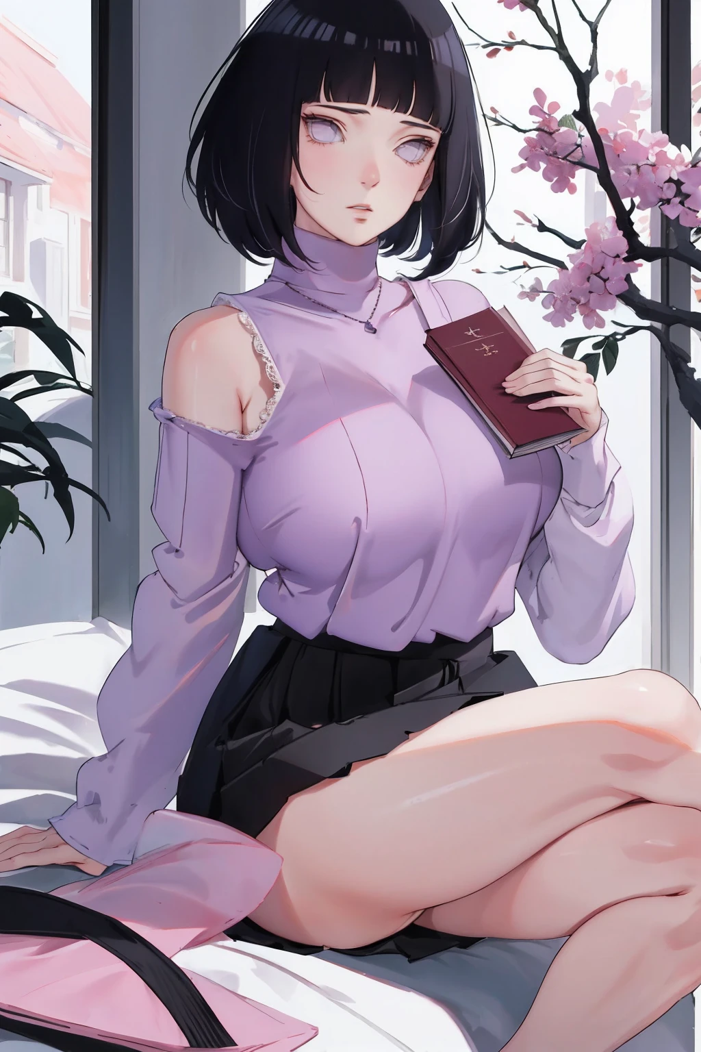 { - anatomy error} (Masterpiece - Ultra-detailed, very high resolution) (huge titusty, masterpiece, absurdres, hinata\(boruto\), 1girl, solo,mature female, off-shoulder bra, high waist black short skirt, looking at viewelling petals), perfect composition, detailed lips, big breast, beautiful face, body propotion, blush, (pink lips), short hair, (black hair), purple eyes, soft gaze, super realistic, detailed, photoshoot, realistic face and body, closed mouth, reading, writing , lilac eyes, full body, lace clothes, with chin resting on shoulder, perfect fingers