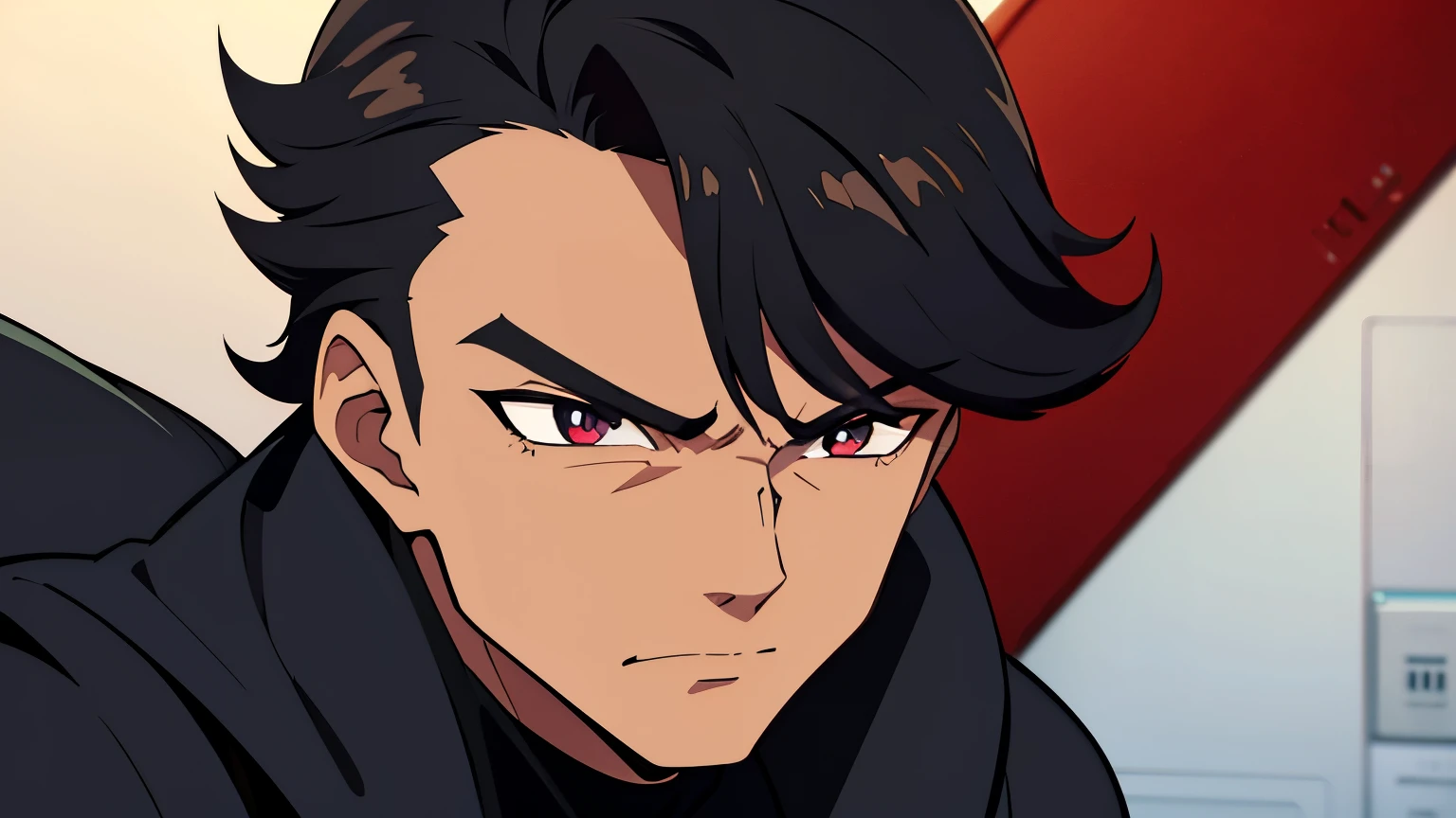 Black male, dark black Cesar hair cut, mean eyeyes, brown glossy pupils, black archy eye brows, gundam