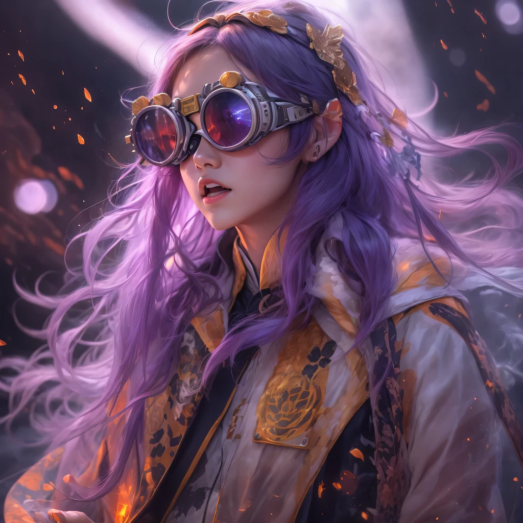 Chapter 3679 The Year of Cyberpunk(masterpiece,HD,超HD,32k lotus root starch)Bright purple flowing hair,autumn pond, lotus root starch color, Asian (Michiko), (silk scarf), fighting stance, looking at the ground, Orange gradient long hair, ((Thick frame reflective jade windproof goggles))Floating bright purple, Fire cloud gold headdress, Chinese long-sleeved gold silk garment, (Abstract ink splash:1.2),mars background,lotus(realistically:1.4),bright purple hair,Smoke on the road,The background is very ivory、pure, high resolution, Detailed wind protection goggles, RAW photos lotus root starch, Sharp Re, Nikon D850 film photo by Jefferies Lee 4 Kodak Portra 400 camera F1.6 guns, rich and colorful, Super real、Vivid textures, dramatic lighting, Unreal Engine Art Station Trend, Silicon Nest 800