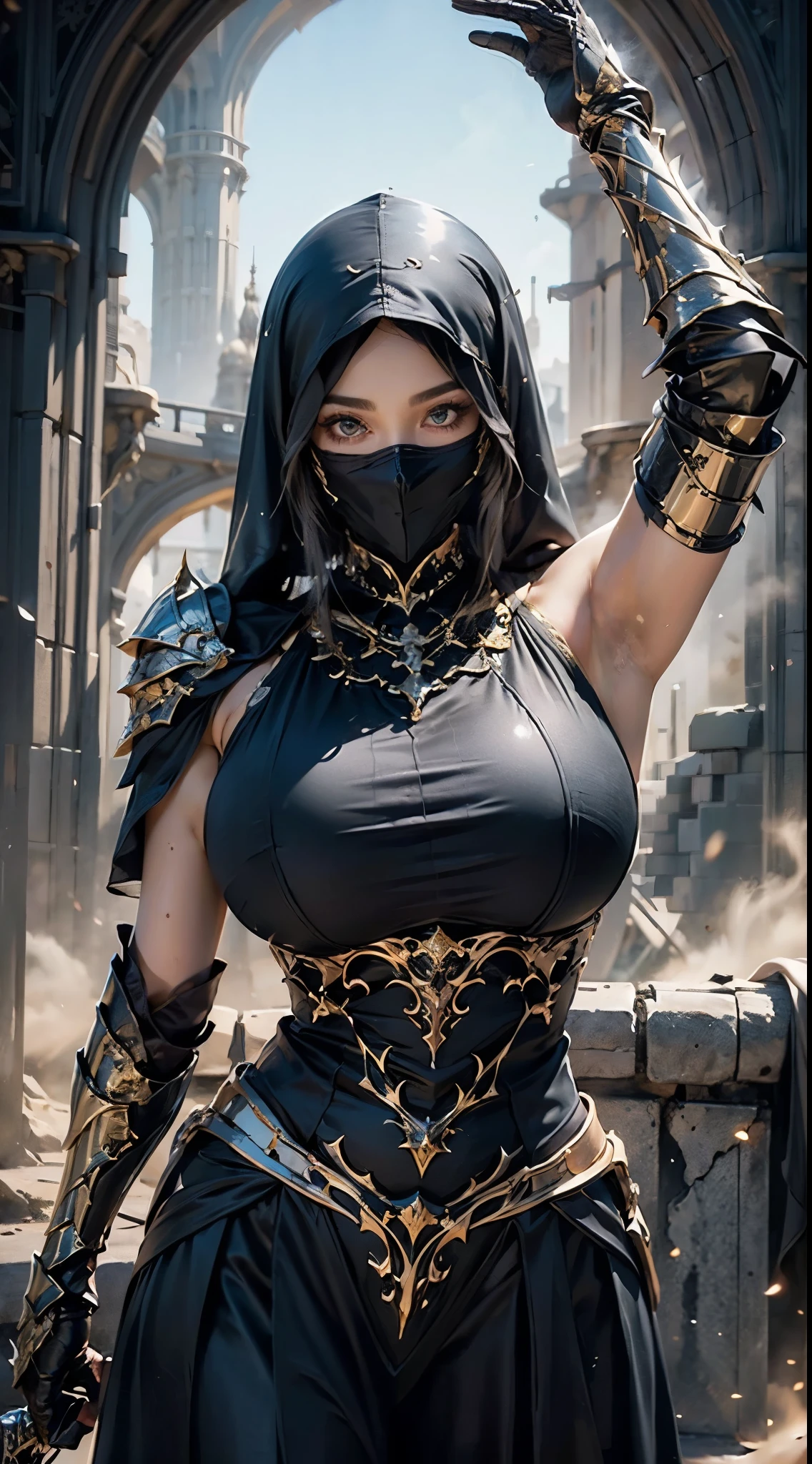 photorealistic, high resolution, 1 girl, hips up,  long straight black hair, beautiful eyes, normal breast, dark souls style, armor, black hijab, black niqab, golden embroidery, ultra detailed armpit, sweaty armpit, wet, muscular, desert castle, backlighting, 