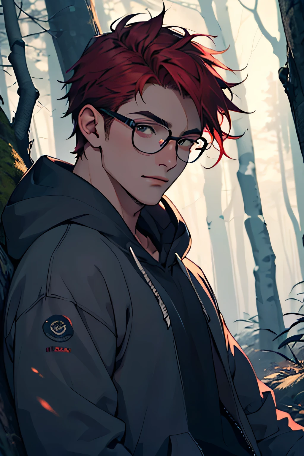 ((best quality)), ((masterpiece)), (detailed), perfect face, young man, red hair, male, wearing glasses, wearing a hoodie and pants, background is a dark forest at night, close up