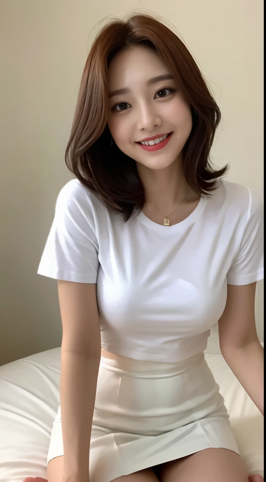 White tight shirt、White tight mini skirt、bed、smile、short sleeve、high resolution、Hallyu Idol Face