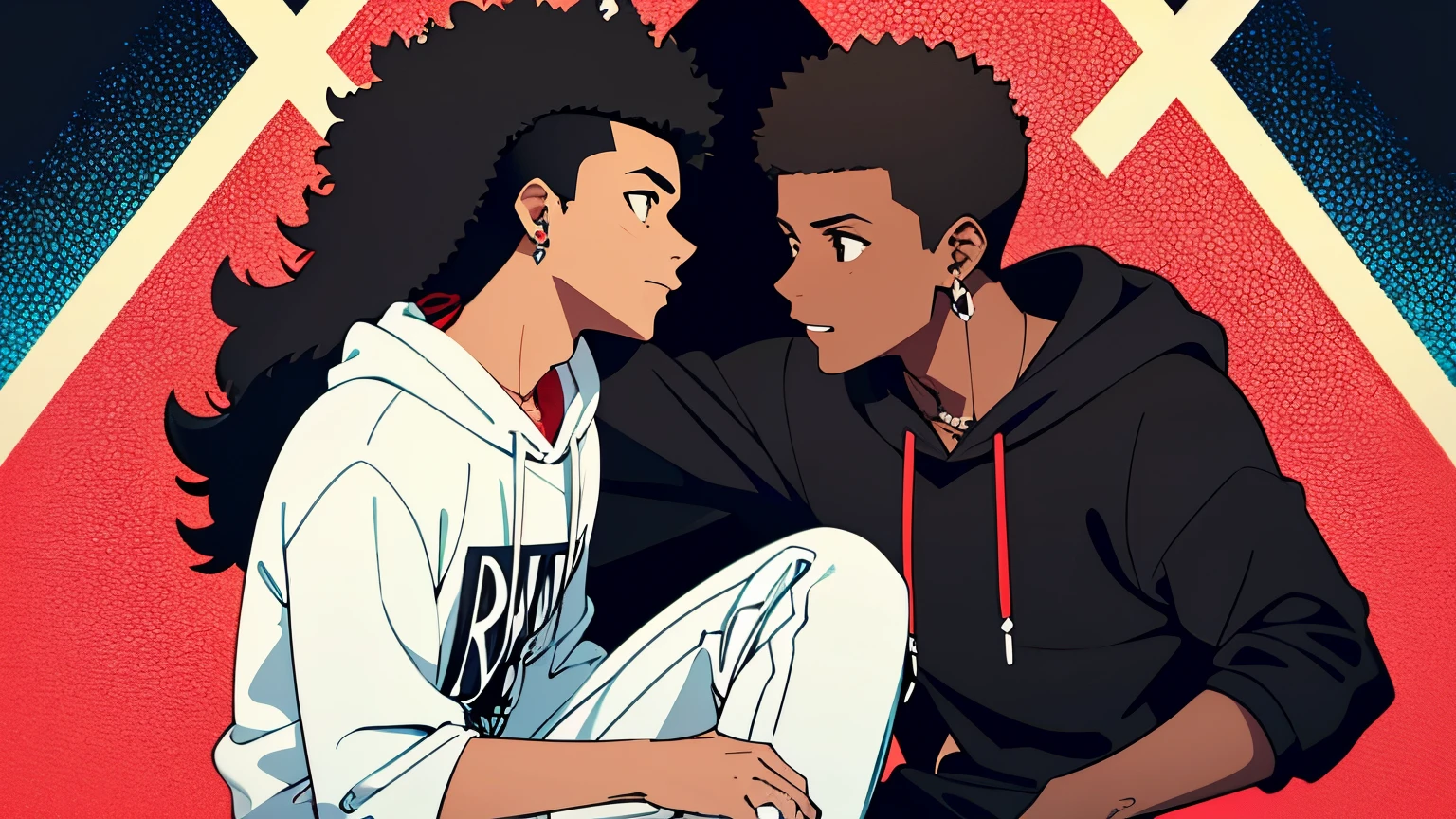 Black male, athletic physique, black hoody, blue jeans, curly black hair. Red and white hightop sneakers, diamond studded earings.