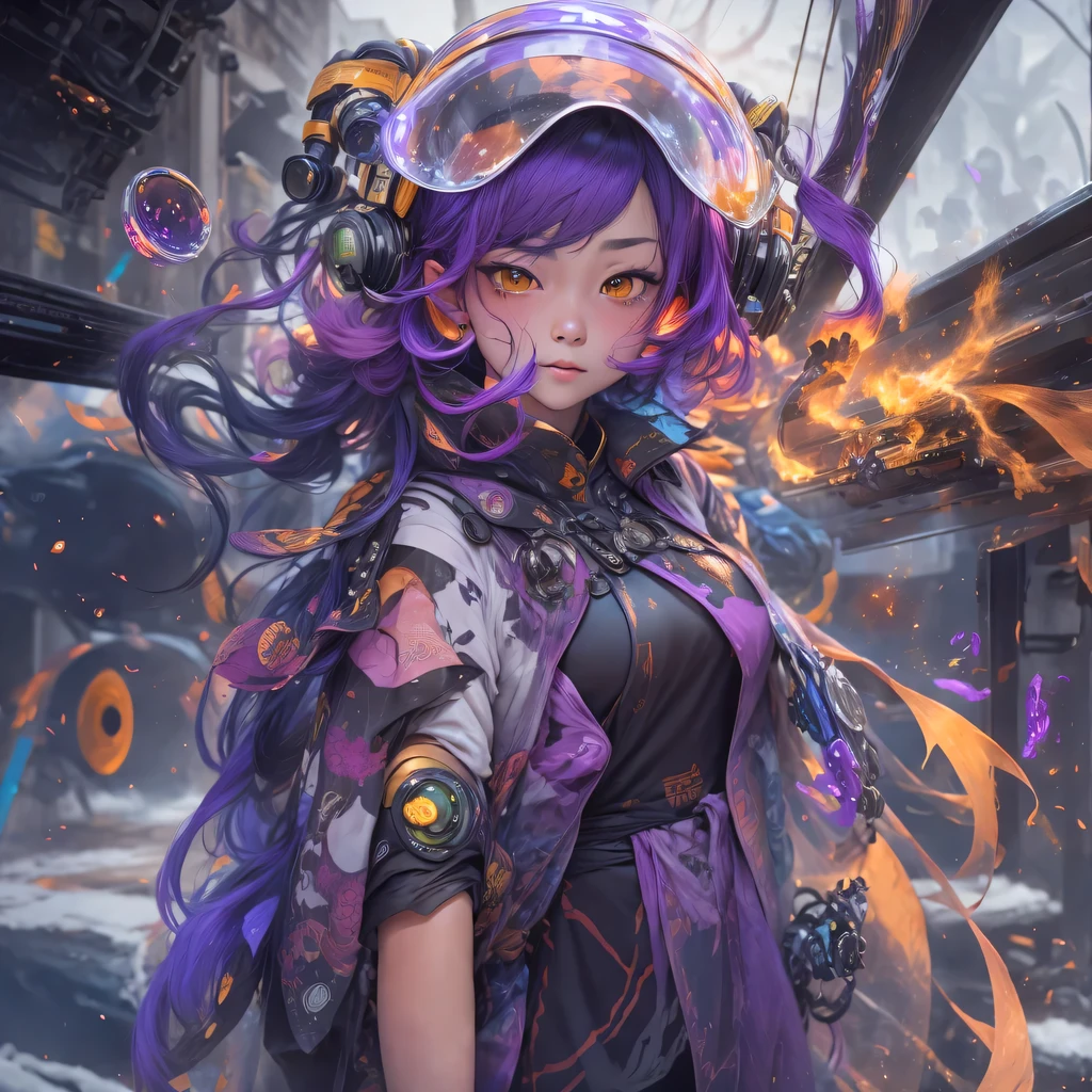 Chapter 3679 The Year of Cyberpunk(masterpiece,HD,超HD,32k lotus root starch)Bright purple flowing hair,autumn pond, lotus root starch color, Asian (Michiko), (silk scarf), fighting stance, looking at the ground, Orange gradient long hair, ((Thick frame reflective jade windproof goggles))Floating bright purple, Fire cloud gold headdress, Chinese long-sleeved gold silk garment, (Abstract ink splash:1.2),mars background,lotus(realistically:1.4),bright purple hair,Smoke on the road,The background is very ivory、pure, high resolution, Detailed wind protection goggles, RAW photos lotus root starch, Sharp Re, Nikon D850 film photo by Jefferies Lee 4 Kodak Portra 400 camera F1.6 guns, rich and colorful, Super real、Vivid textures, dramatic lighting, Unreal Engine Art Station Trend, Silicon Nest 800