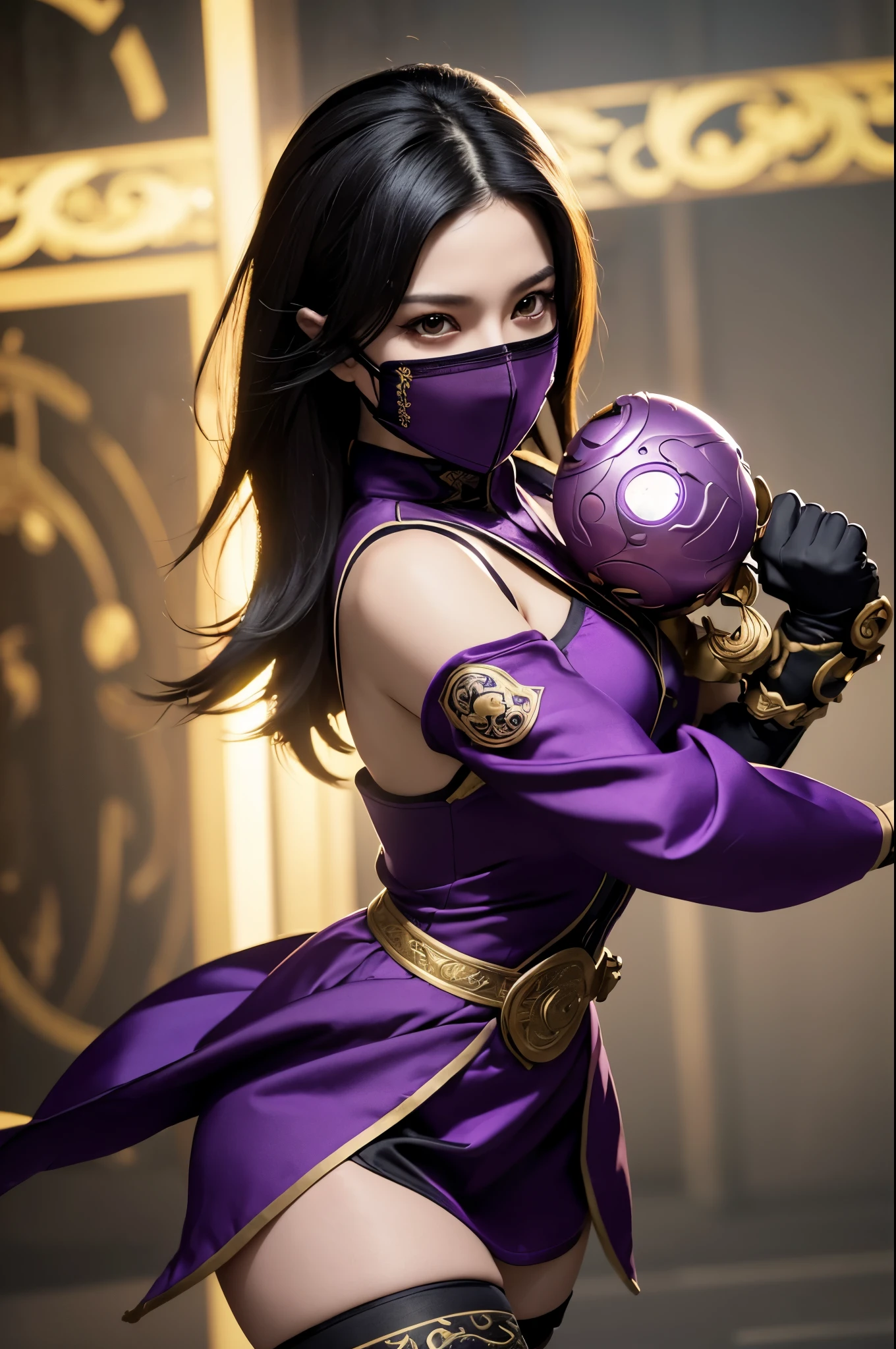 (exquisitely detailed CG unity 8k wallpaper, masterpiece-quality with stunning realism), (best illumination, best shadow), (best quality), (elegant style:1.2), Arti modern anime. angled view, heroic pose, midshot, (cel-shading style:1.3), centered image, ultra detailed closeup portrait of Mileena from Mortal Kombat, best quality, expressive eyes, perfect face, highres, (ultra details), 1 girl, solo, black hair, thighhighs, hair ornament, eyeshadow, mask, gold and purple armor, highly ornamented, shoulder armor, elbow gloves, dark temple background, portrait, looking at the viewer, piercing eyes, full body, leaning forward, resting, ready to fight, fighting pose, (night time:1), (holding sai weapons:1.5) piercing eyes, action fight scene, strike, staring, (piercing yellow snake eyes), night time, (qipao purple ninja robe dress:1.2), (purple skirt:1) (purple mask:1.5), (glowing magic portal in the background:1.2) (Japanese city in ruins:1.2) (elegant attacking action:1.3) (evil expression:1) (thighhigh boots:1.2) (highly ornamented clothing:1.3) (gold ornament on the clothing:1) (light from the angle:1) (smoke and dust:1.2) (armour:1) (shoulder length straight black hair:1.2) (wind blowing:1.2).(depth of field effects:1.3) (motion action:1.2) (closeup:1.3) (alone:1) (attacking pose:1.2) (angled closeup photography:1) turning