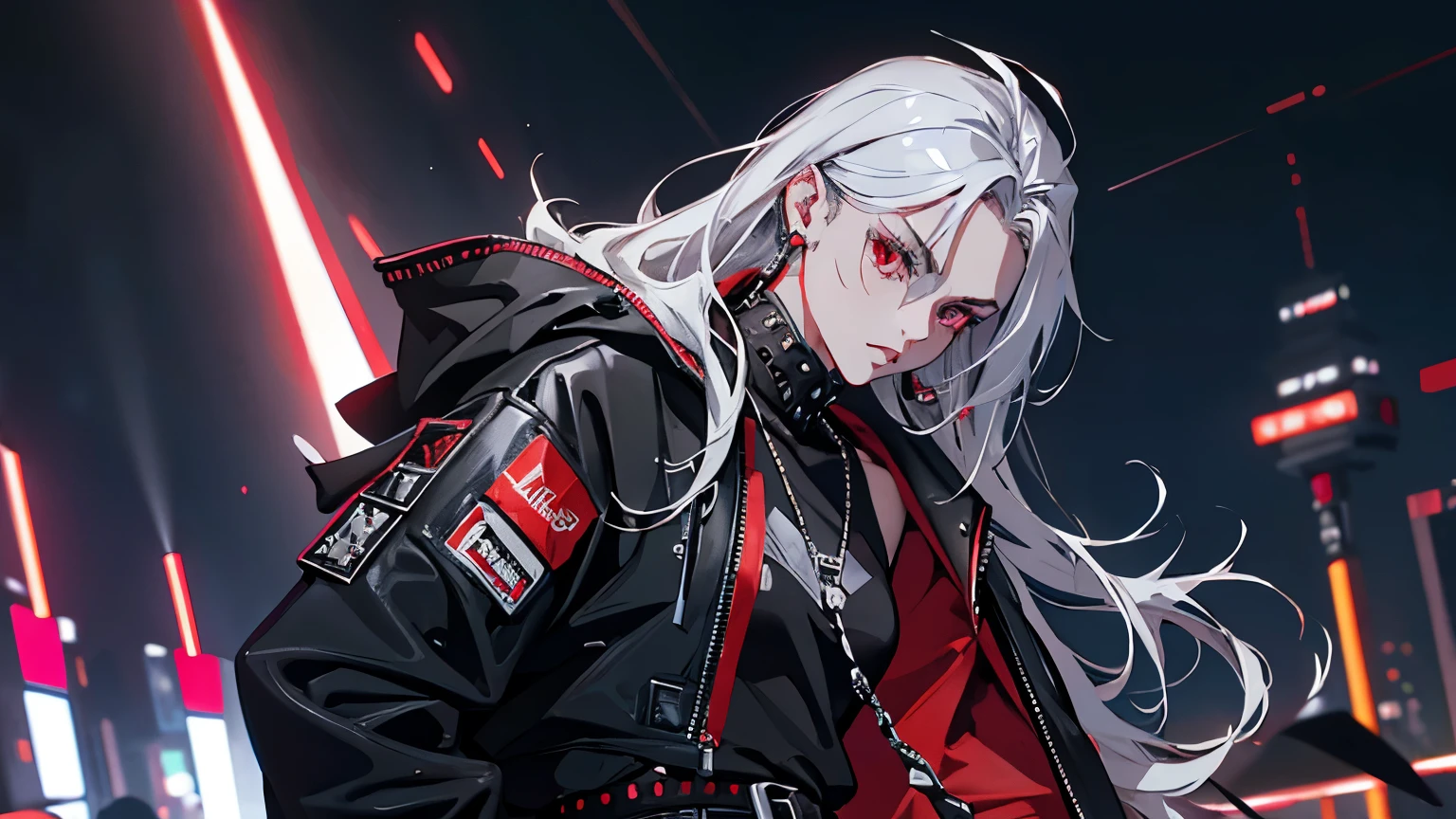 diamond studded earing in right ear, skin brown lightly glossy, black tank top, fit blue jeans, black belt silver studds, red and white bomber jacket, neon red and black cyber punk sword on back, vector smg in right hand, red white and black hight top sneakers, tokyo city background night,