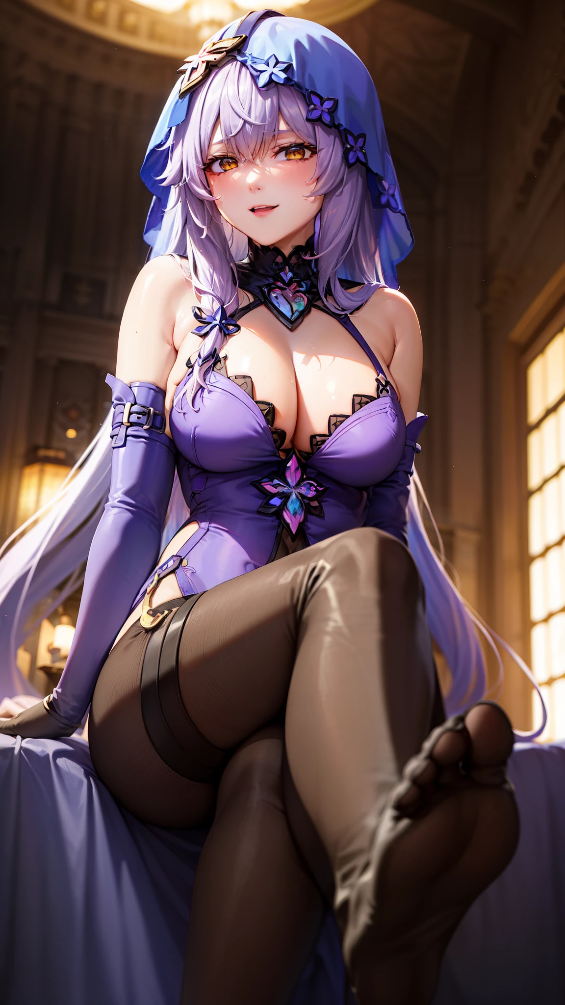 black swan, hair between eyes, long hair, (yellow eyes:1.1), very long hair, white hair,arm belt, bare shoulders, cleavage,black silk covered navel, dress, elbow gloves, gloves, purple dress, sleeveless, sleeveless dress, veil,covered navel,((evil smile)),sitting,((crossed legs)),legs focus,from below,feet,five toes