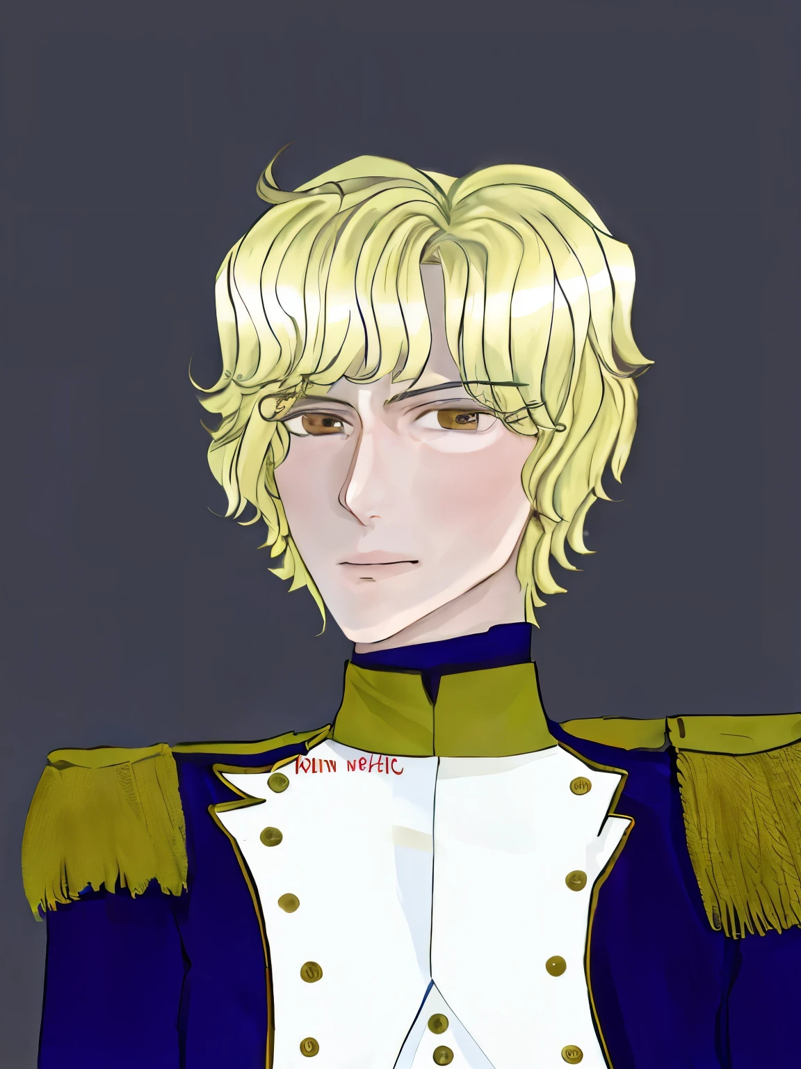 a realistic portrait of a man in a soldier uniform with blonde hair, portrait of magical blond prince with brown eyes