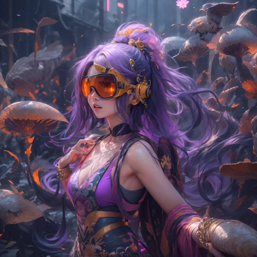 Chapter 3679 The Year of Cyberpunk(masterpiece,HD,超HD,32k lotus root starch)Bright purple flowing hair,autumn pond, lotus root starch color, Asian (Michiko), (silk scarf), fighting stance, looking at the ground, Orange gradient long hair, ((Thick frame reflective jade windproof goggles))Floating bright purple, Fire cloud gold headdress, Chinese long-sleeved gold silk garment, (Abstract ink splash:1.2),mars background,lotus(realistically:1.4),bright purple hair,Smoke on the road,The background is very ivory、pure, high resolution, Detailed wind protection goggles, RAW photos lotus root starch, Sharp Re, Nikon D850 film photo by Jefferies Lee 4 Kodak Portra 400 camera F1.6 guns, rich and colorful, Super real、Vivid textures, dramatic lighting, Unreal Engine Art Station Trend, Silicon Nest 800