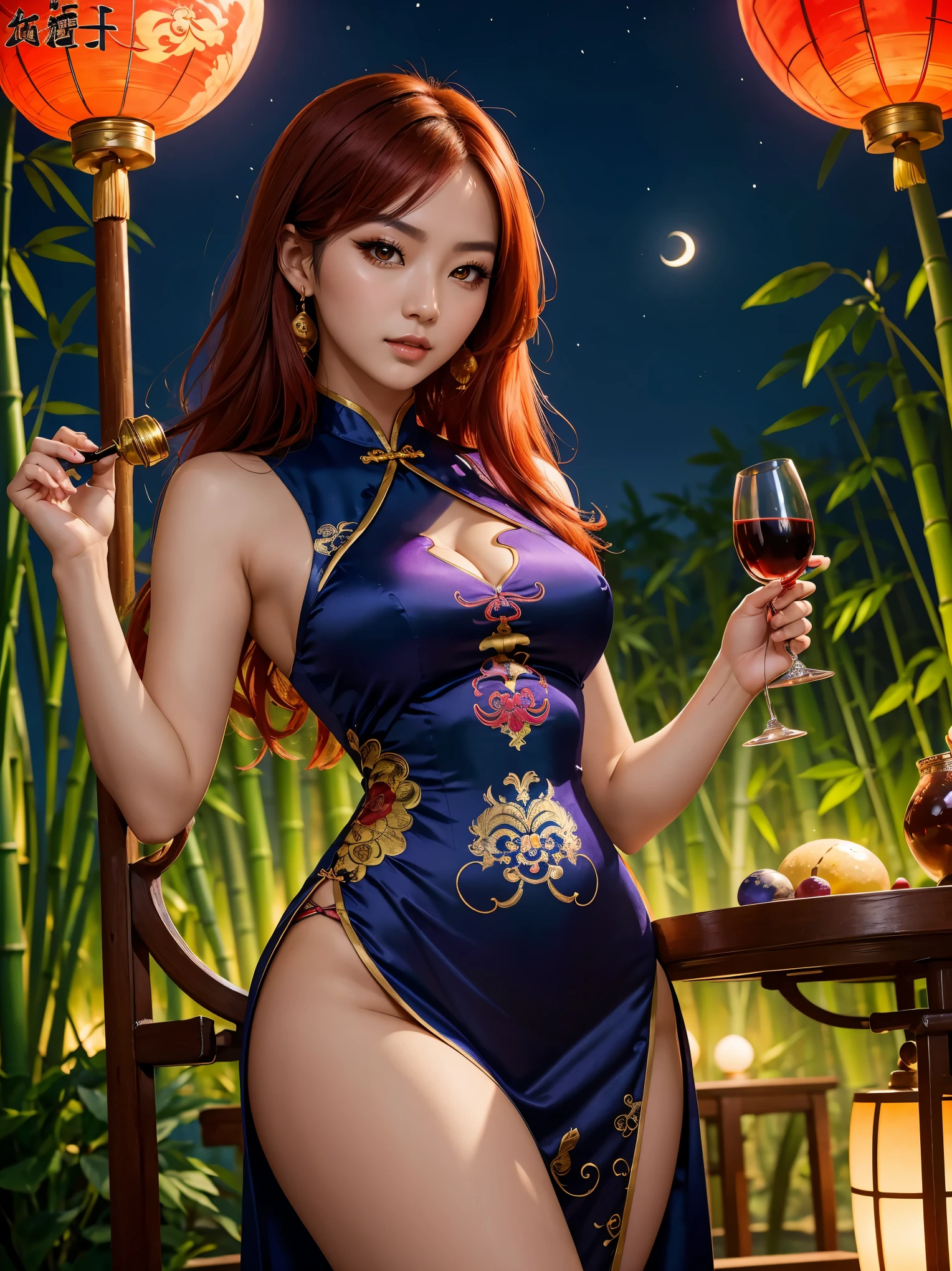 (Beautiful aesthetic sexy Chinese woman, thicc hourglass figure,) holding wine glass, wearing colorful cheongsam_slit-dress with golden dragon_embroidery, 1thigh_garter, long red hair, night violet natural sky,round moon on the bamboo forest,blue night clouds, night jungle, soft fill lighting,