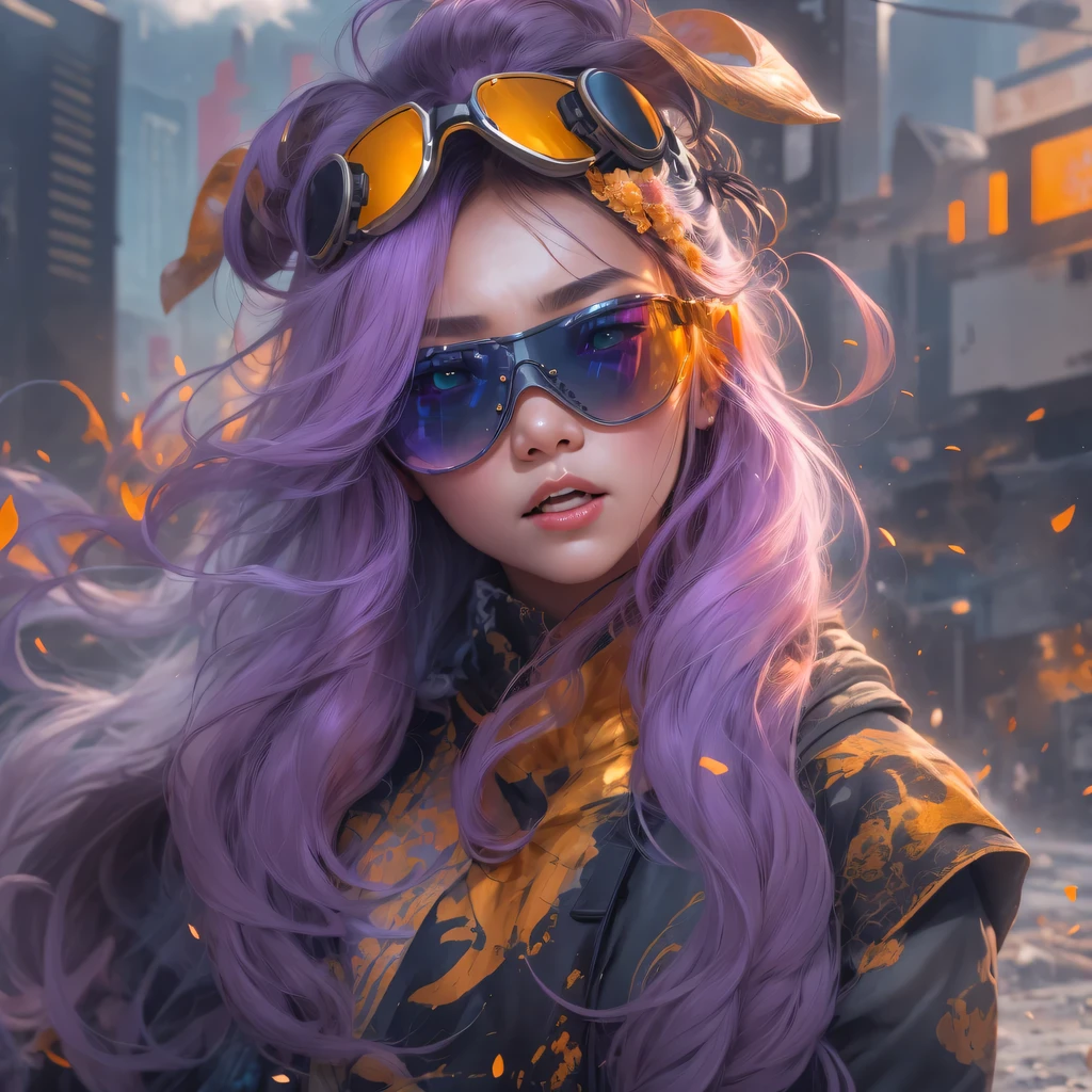 Chapter 3679 The Year of Cyberpunk（masterpiece，HD，超HD，32k lotus root starch）Bright purple flowing hair，autumn pond， lotus root starch color， Asian （Michiko）， （silk scarf）， fighting stance， looking at the ground， Orange gradient long hair， ((Thick frame reflective jade windproof goggles))Floating bright purple， Fire cloud gold headdress， Chinese long-sleeved gold silk garment， （Abstract ink splash：1.2），mars background，lotus（realistically：1.4），bright purple hair，Smoke on the road，The background is very ivory、pure， high resolution， Detailed wind protection goggles， RAW photos lotus root starch， Sharp Re， Nikon D850 film photo by Jefferies Lee 4 Kodak Portra 400 camera F1.6 guns, rich and colorful, Super real、Vivid textures, dramatic lighting, Unreal Engine Art Station Trend, Silicon Nest 800