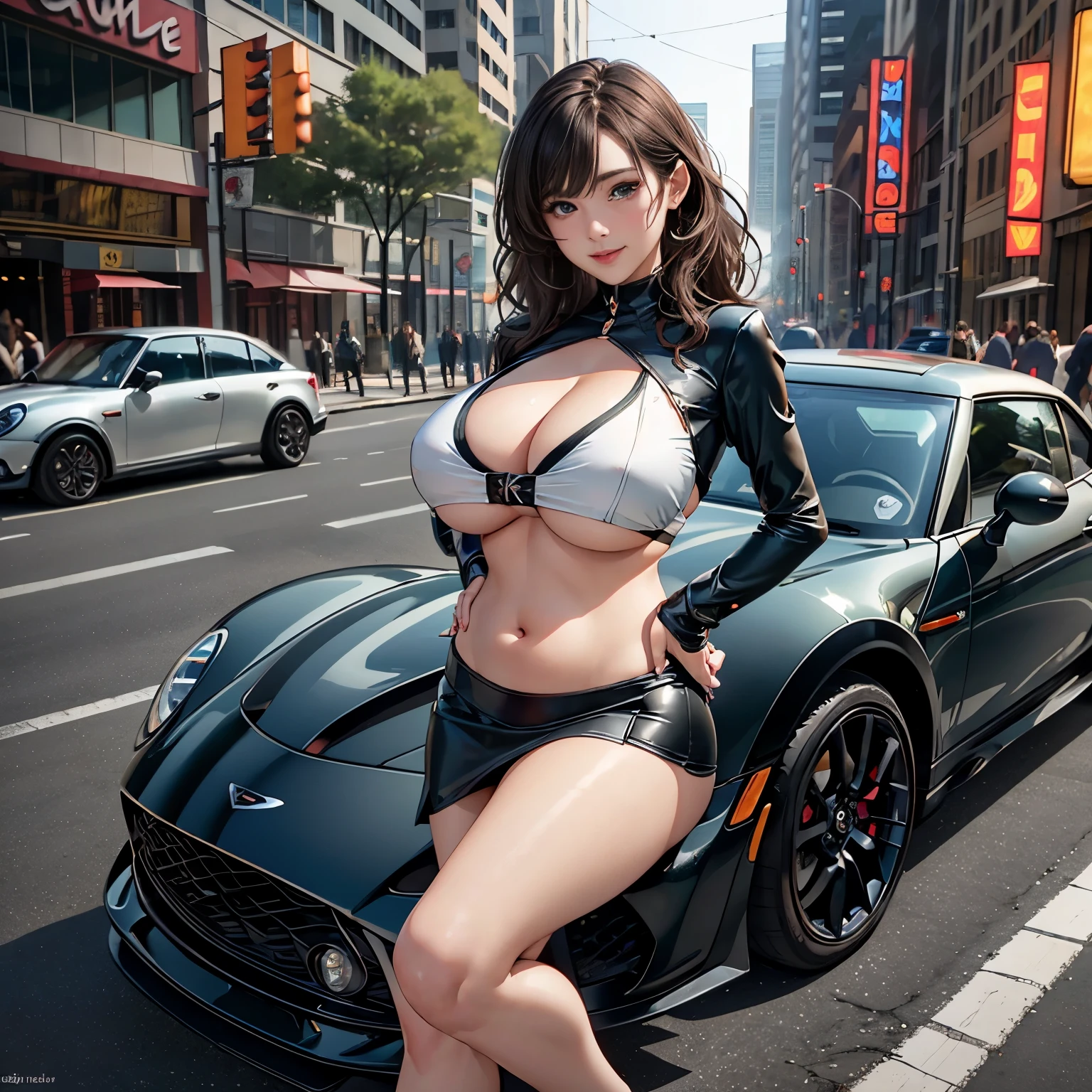 (8K, RAW photo, highest quality, masterpiece:1.2), (realistic, photo-realistic:1.37), (whole body:1.3) (become familiar with), (High resolution), ultra realistic, hyperrealistic, 20 years of high-definition RAW color photos.o woman, young female,beautiful face, (high become familiar with face),looking at the viewer, perfect face, young, become familiar with hair ,cleavage, perfect breasts,professional lighting, photon mapping, radio city, Physically based rendering, ultra-become familiar with, extremely become familiar with, beautiful become familiar with girl, extremely become familiar with eyes and face, cinematic lighting, perfect fingers, perfect hands, perfect legs, cinematic lighting, extreme details, realistic skin, Show belly, high heels,1 girl,race_Queen,(huge breasts:1.2),Clothing clippings,underboob, mini skirt, outdoor,((sportscar)),((car)),((motor Show)),smile