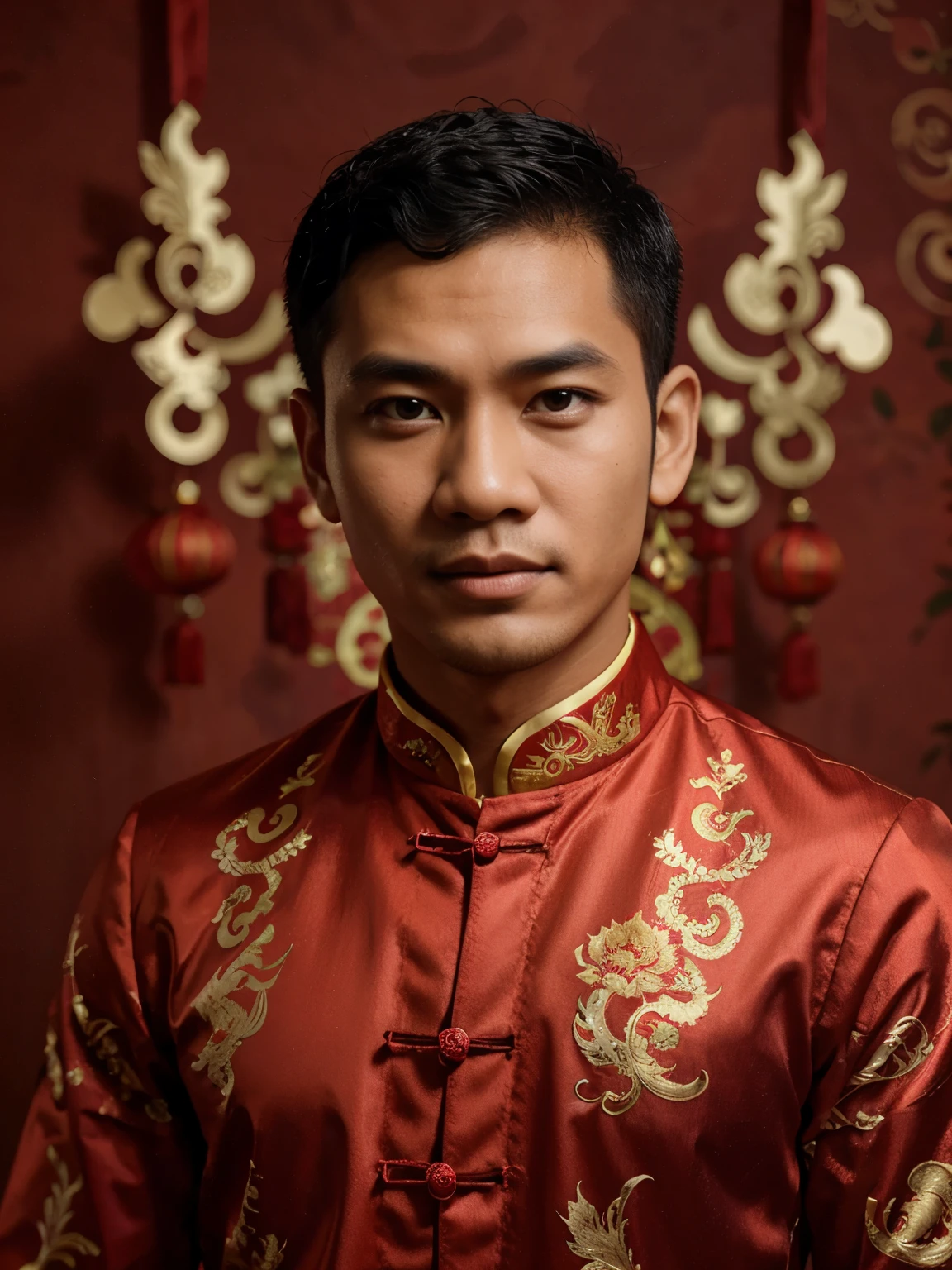 Indonesian man with slightly dark skin, very short and curly hair wearing Chinese New Year clothes, Chinese New Year dragon background, red theme, human portrait with 8mm lens, realistic, UHD, 4K, position in the middle