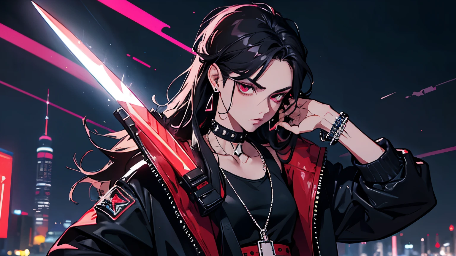 diamond studded earing in right ear, skin brown lightly glossy, black tank top, fit blue jeans, black belt silver studds, red and white bomber jacket, neon red and black cyber punk sword on back, vector smg in right hand, red white and black hight top sneakers, tokyo city background night,
