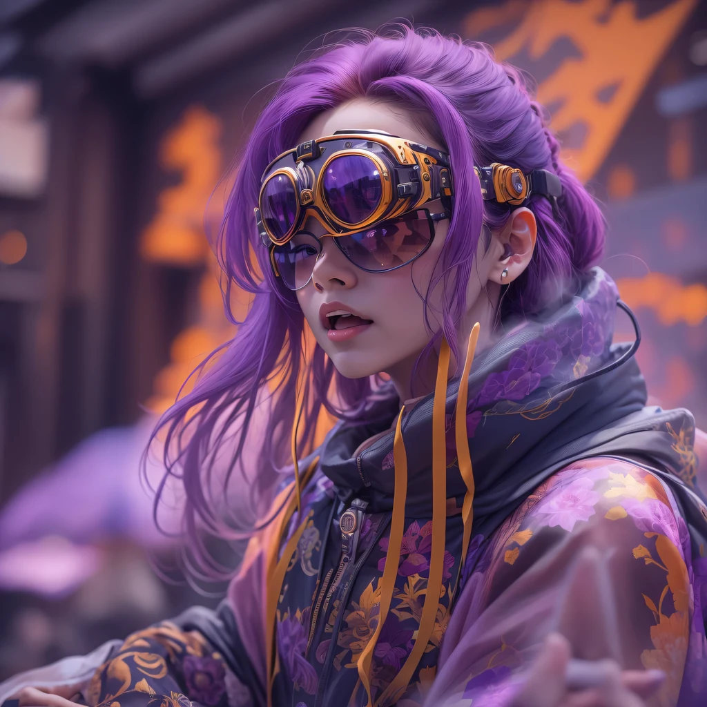 Chapter 3679 The Year of Cyberpunk(masterpiece,HD,超HD,32k lotus root starch)Bright purple flowing hair,autumn pond, lotus root starch color, Asian (Michiko), (silk scarf), fighting stance, looking at the ground, Orange gradient long hair, ((Thick frame reflective jade windproof goggles))Floating bright purple, Fire cloud gold headdress, Chinese long-sleeved gold silk garment, (Abstract ink splash:1.2),mars background,lotus(realistically:1.4),bright purple hair,Smoke on the road,The background is very ivory、pure, high resolution, Detailed wind protection goggles, RAW photos lotus root starch, Sharp Re, Nikon D850 film photo by Jefferies Lee 4 Kodak Portra 400 camera F1.6 guns, rich and colorful, Super real、Vivid textures, dramatic lighting, Unreal Engine Art Station Trend, Silicon Nest 800