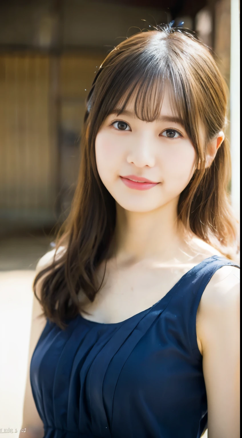 adorable, japanese girl, Straddle upright, dress , (smile:0.7), curly hair, hair scrunchie, , (highly detailed skin), (highest quality:1.0), (Super high resolution:1.0) ,(photo-realistic:1.0), (super detailed:1.0), (8K, RAW photo:1.1)