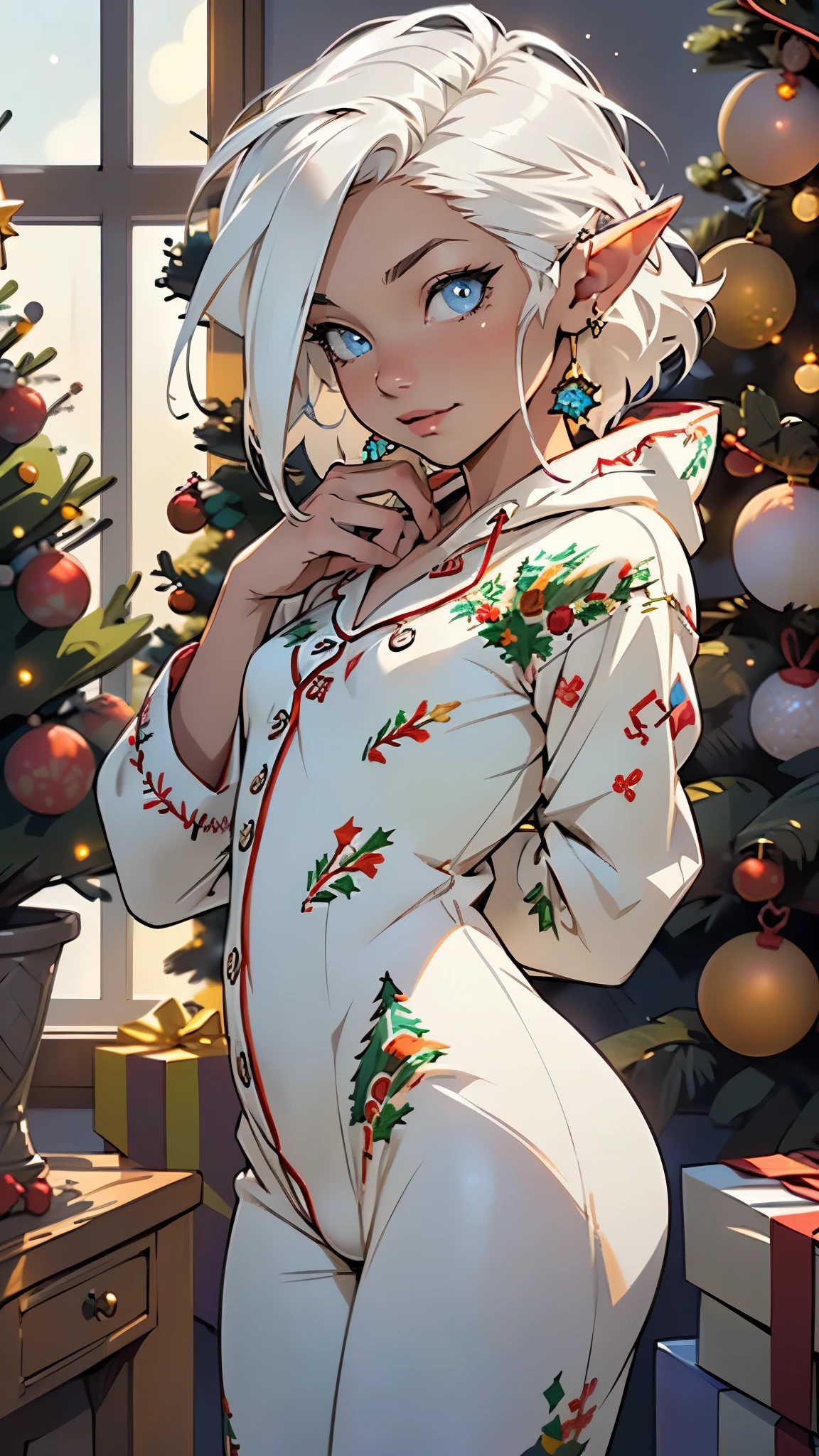 cute  elf,(((little ,tiny little body,little))),(((***********))),((anime elf  with extremely cute and beautiful white hair)), (((elf))), (((elf ears))),

(((flat chest))),((((white hair:1.35,messy white hair,colored inner hair,ear breathing)))),(((blue_eyes:1.3))),intricate eyes,beautiful detailed eyes,symmetrical eyes,big eyes:1.5,(((lustrous skin:1.5,bright skin: 1.5,skin tanned,shiny skin,very shiny skin,shiny body,plastic glitter skin,exaggerated shiny skin,illuminated skin))),(detailed body,(detailed face)),

cute,slutty,erotic,daring,((nsfw)),

(((kigurumi, onesies,bunny pajama,Hooded Pajamas,Animal Pajamas))),((slippers)),(((intricate pajama,embroidered pajama,ornate pajama))),

(dynamic pose:1.0),(happy),(centered,scale to fit dimensions,Rule of thirds),

inside,indoor,((cozy gothic room)),scenery:1.25,((intricate scenery)),((winter decorations)),(Christmas tree:1.5),

(Glossy winter ornaments),highres,sharp focus,(ultra detailed,extremely detailed),(photorealistic artwork:1.37),(extremely detailed CG unity 8k wallpaper),(((vibrant colors,vibrant theme))),(intricate),(masterpiece),(best quality),
